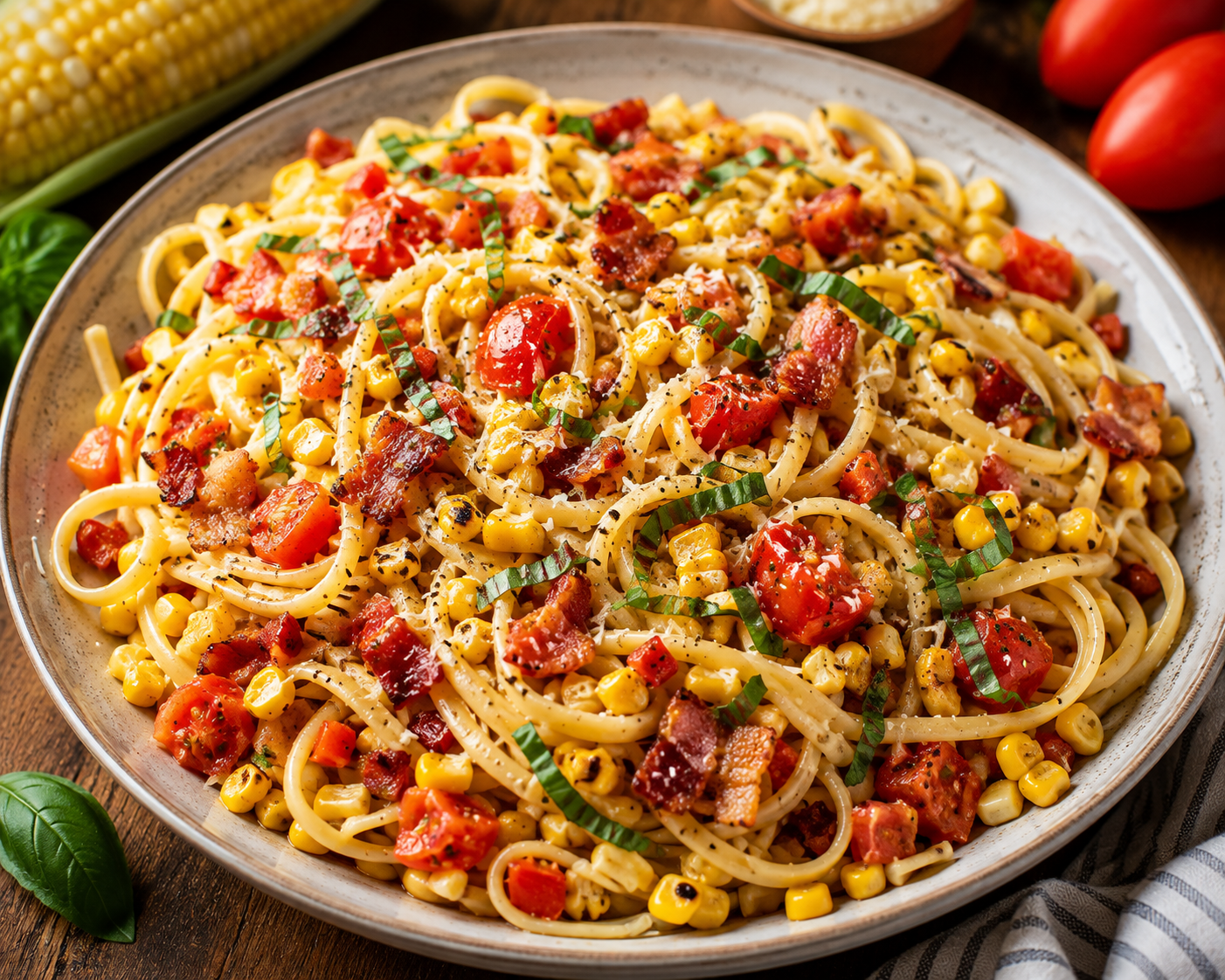 Long pasta tossed with sweet corn, diced Roma tomatoes, crispy bacon, Parmesan and fresh basil.