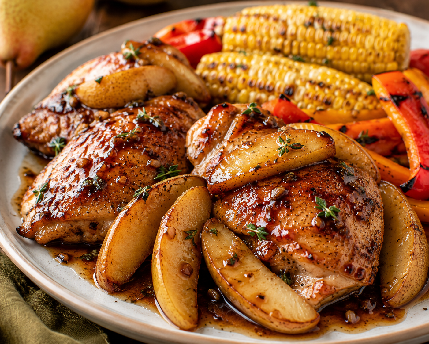 Glazed chicken thighs with caramelized pear wedges and fresh thyme, served with grilled corn and bell peppers.