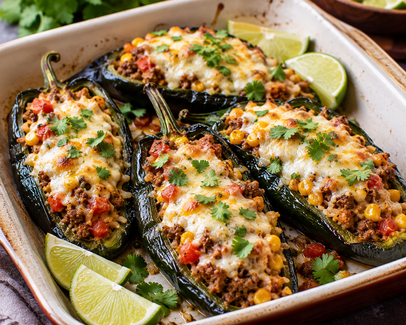 Halved pasilla peppers stuffed with seasoned beef, corn and rice under bubbling melted cheese in a baking dish.