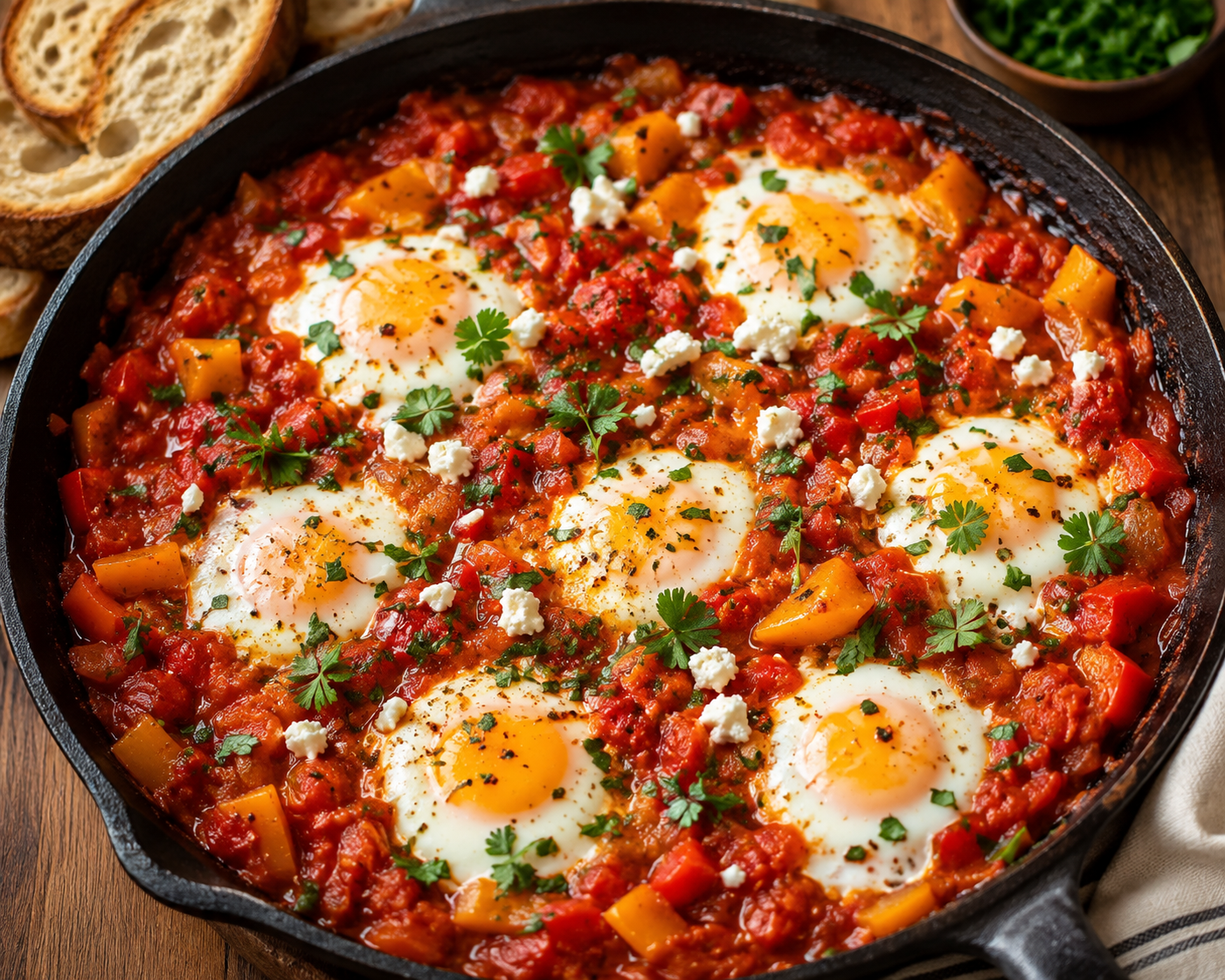 Skillet of shakshuka with eggs poached in a thick tomato and bell pepper sauce, topped with feta and fresh herbs.