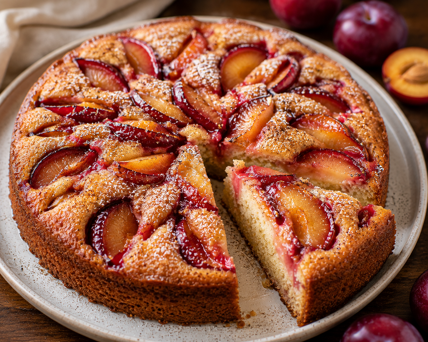 Round Empress plum cake with a slice cut out, showing jammy red plum wedges over a golden cinnamon-sugar top.