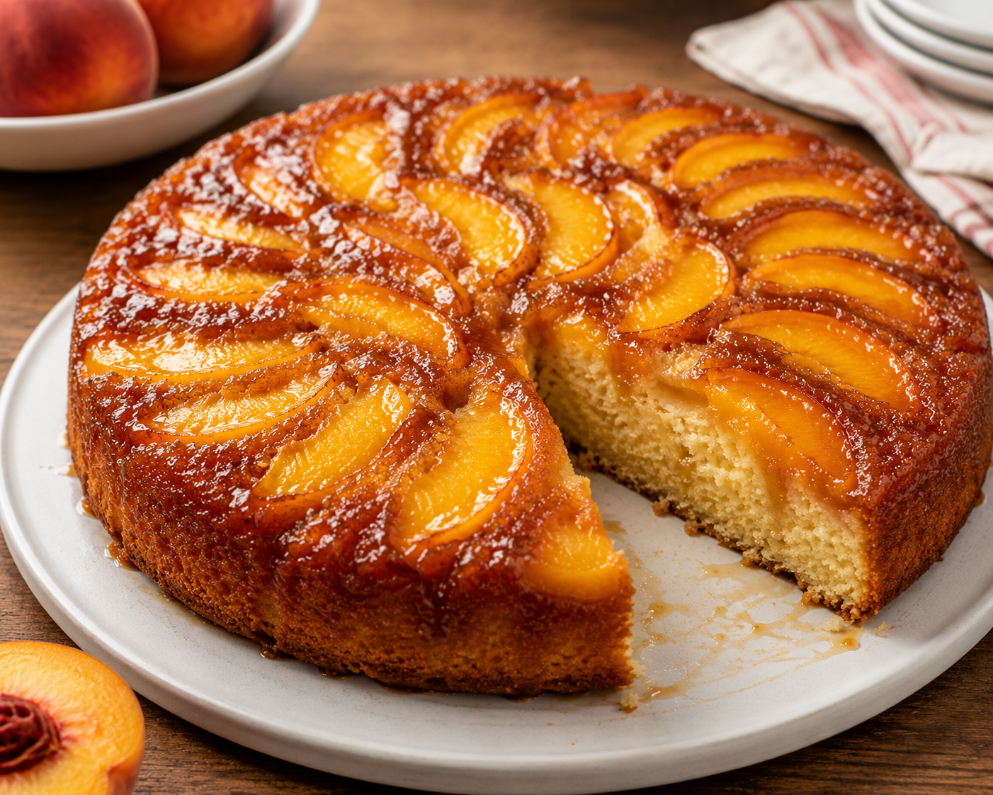 Peach upside-down cake on a plate showing a layer of caramelized peach slices over golden vanilla cake.