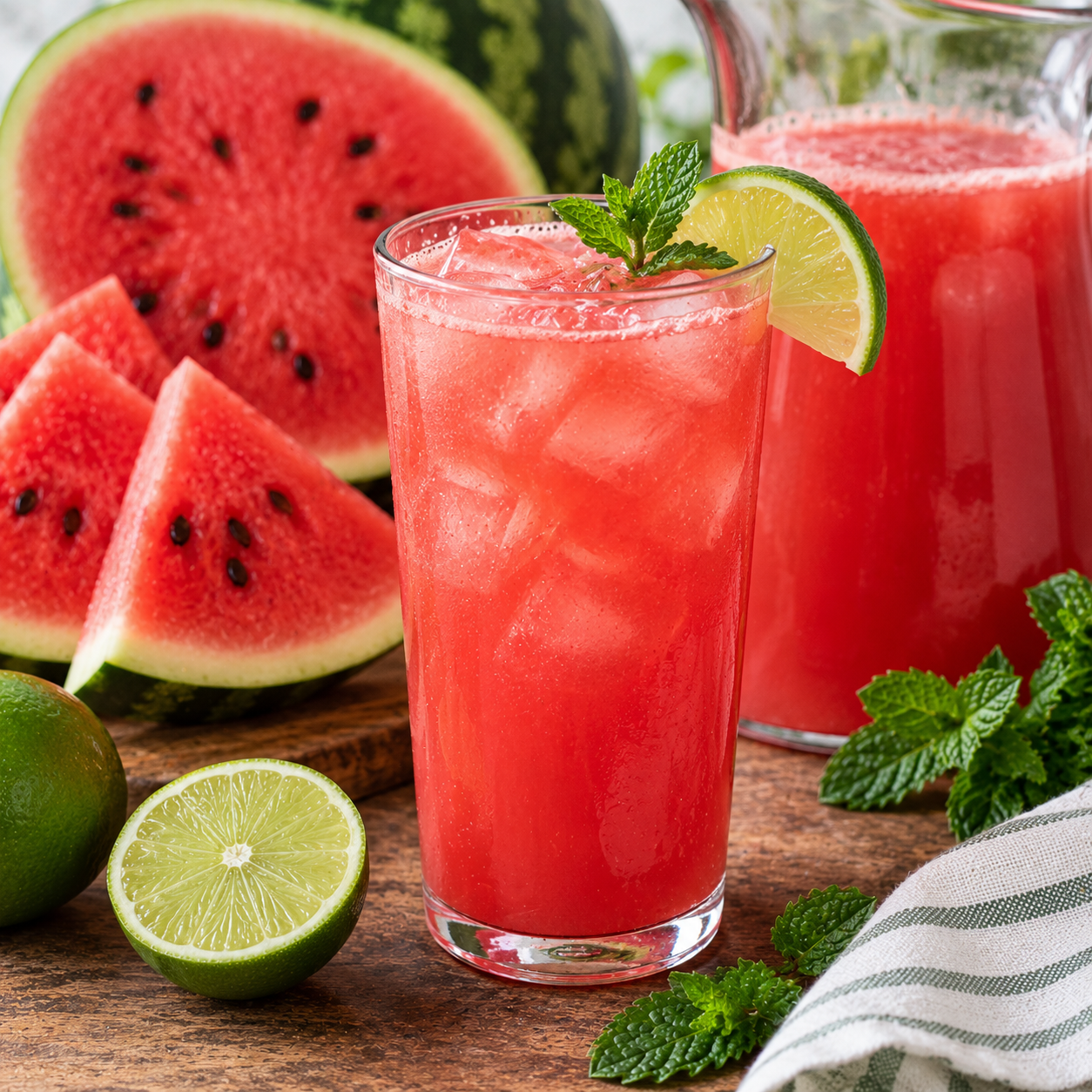 Tall glass of watermelon agua fresca over ice with a lime wheel and mint, beside sliced Black Diamond watermelon and a full pitcher.