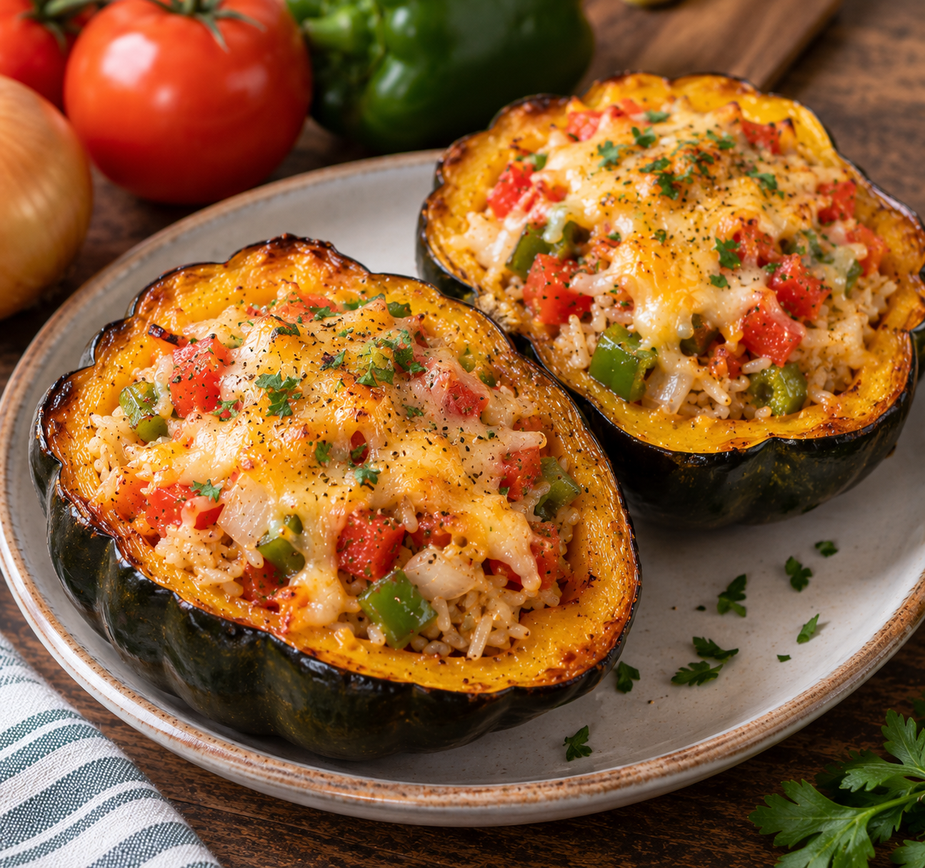 Two roasted acorn squash halves stuffed with rice, diced tomato and green pepper under melted cheese, with tomatoes and a bell pepper behind them.