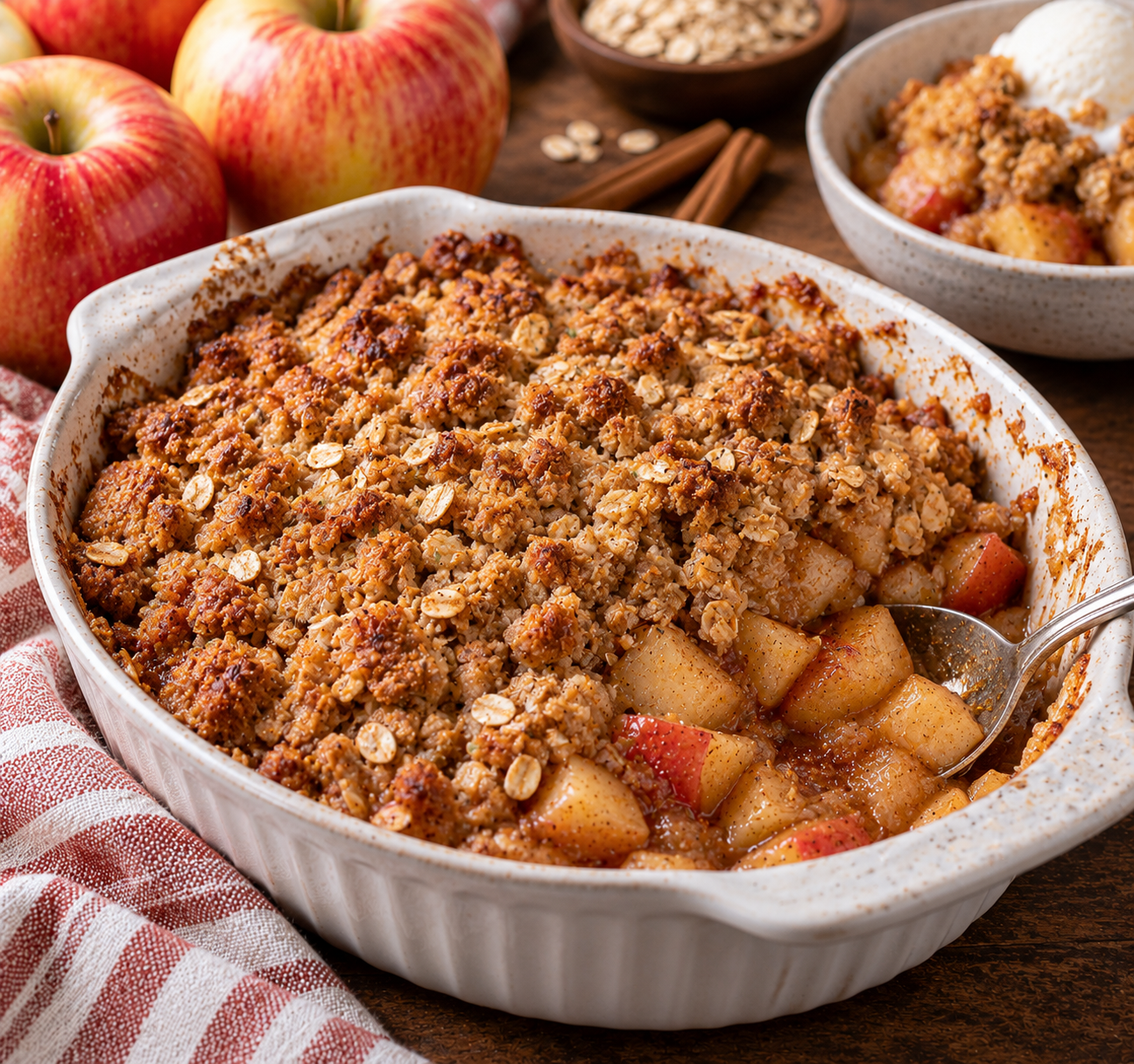 Baking dish of apple crisp with a browned oat topping and chunks of cinnamon apple, with fresh Honeycrisp apples and a bowl of crisp topped with vanilla ice cream.