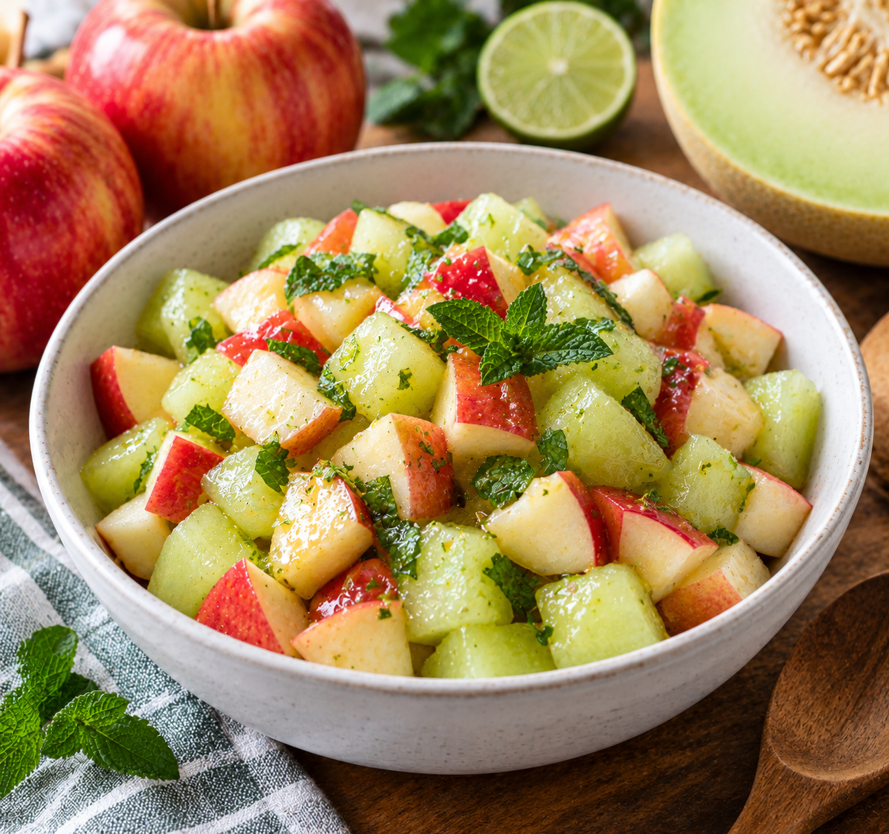 Bowl of chopped Honeycrisp apple and cubed green lime melon tossed with honey-lime dressing and fresh mint.