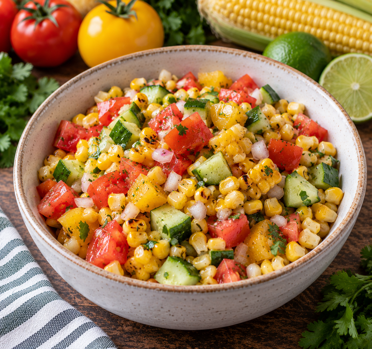 Bowl of fresh corn salad with red and yellow tomatoes, cucumber and chopped onion, with sweet corn, tomatoes and lime alongside.