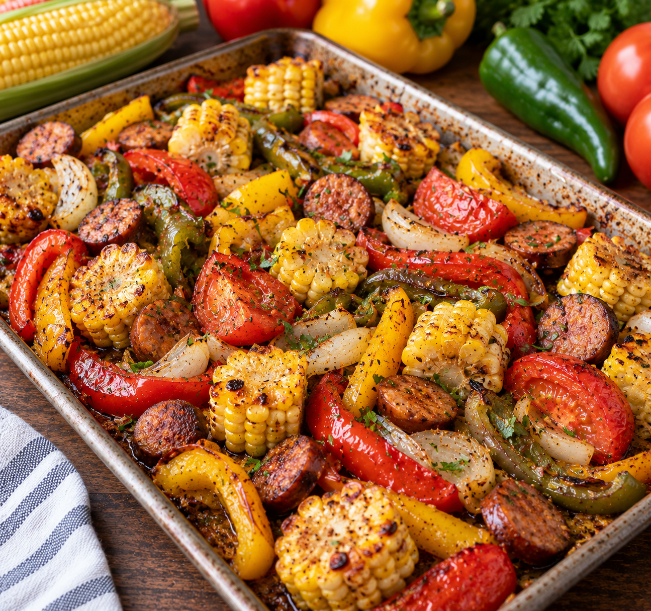 Sheet pan of roasted corn rounds, red, yellow and green peppers, onion, tomato wedges and sliced chicken sausage, charred at the edges.