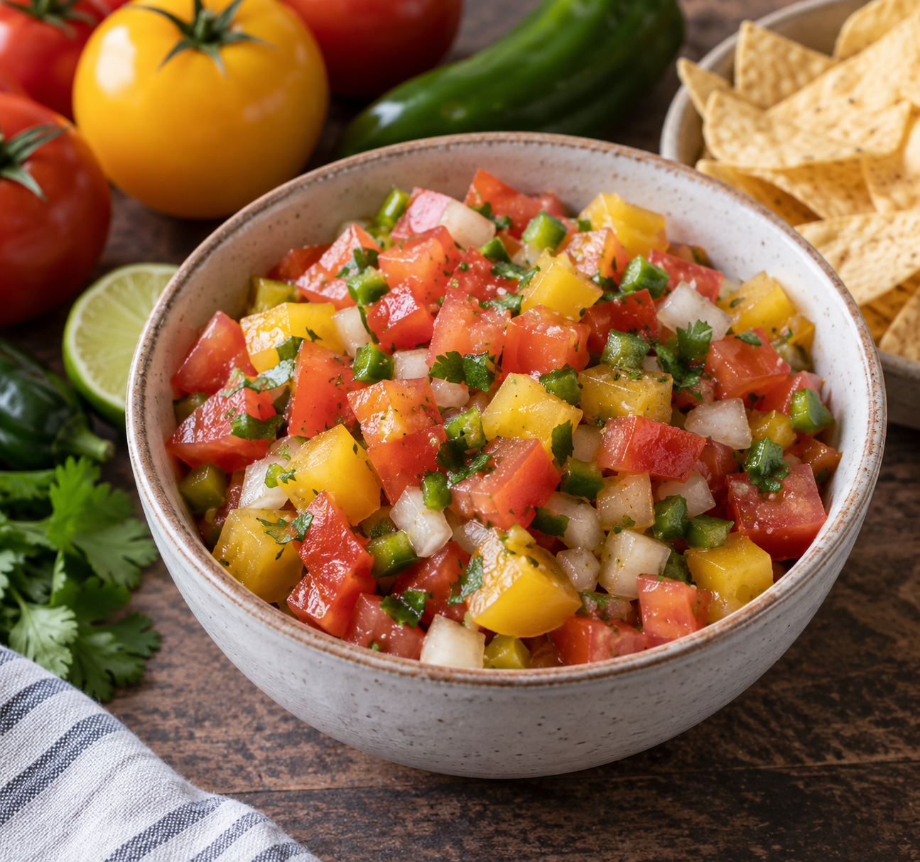 Bowl of fresh salsa with diced red and yellow tomatoes, white onion and green jalapeno, with whole tomatoes, lime, peppers and tortilla chips alongside.
