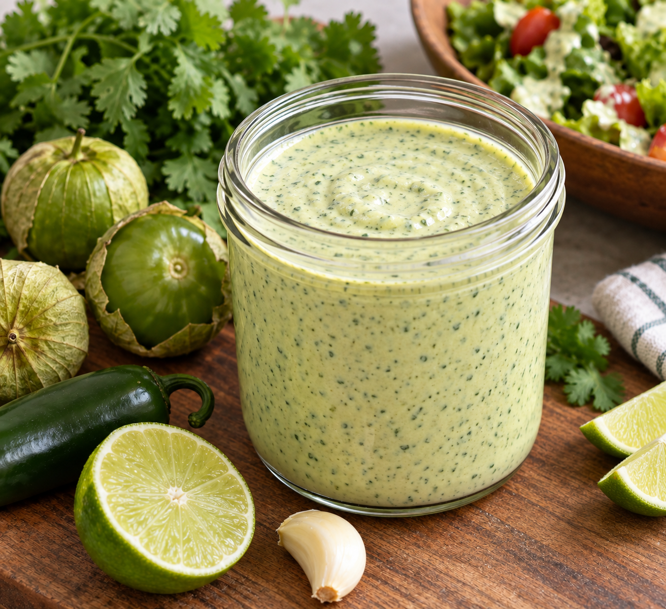 Glass jar of creamy green tomatillo ranch dressing flecked with cilantro, on a wooden board with tomatillos, jalapeno, garlic and lime