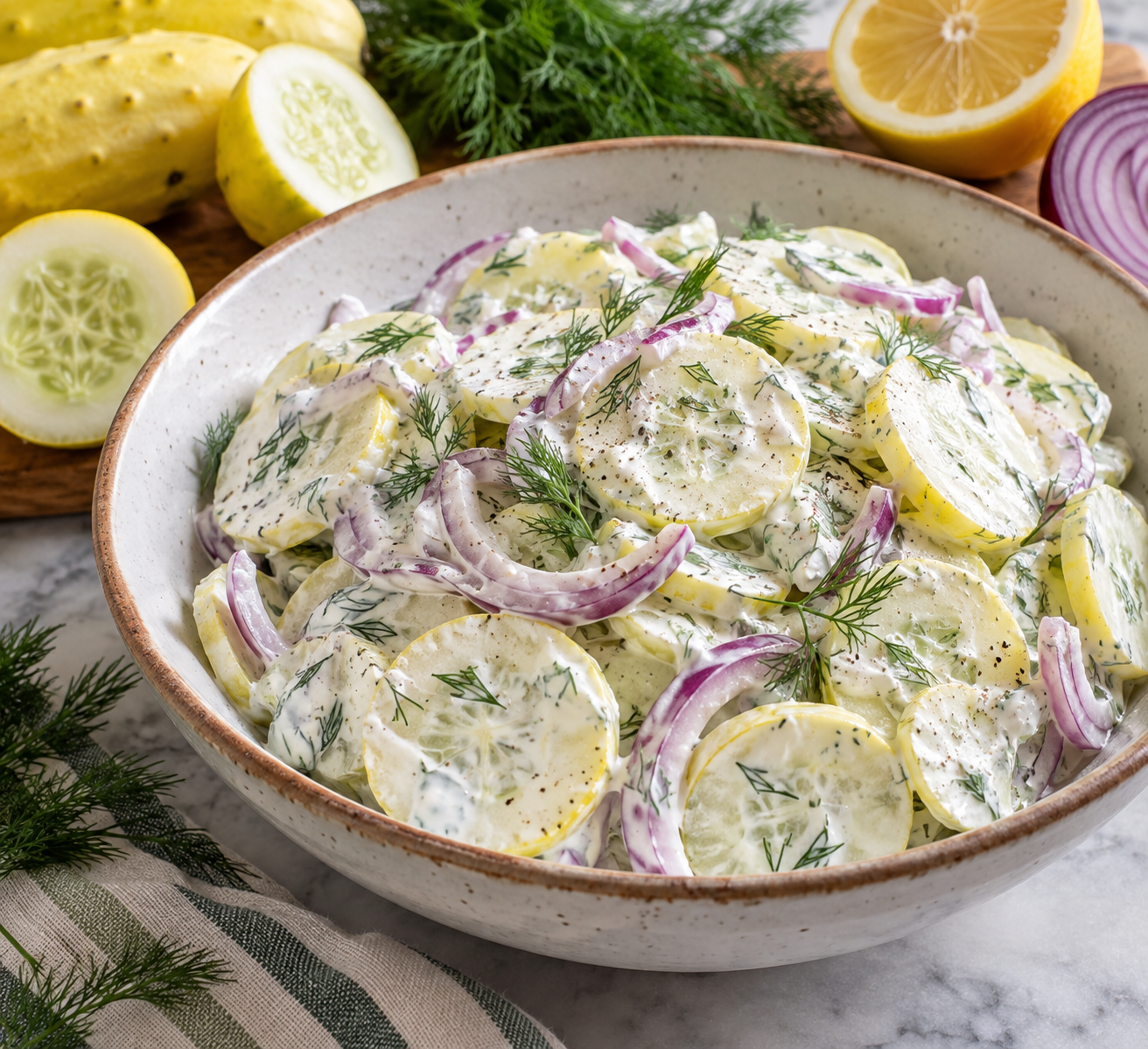 Bowl of thinly sliced lemon cucumbers and purple onion in a creamy sour cream dressing with fresh dill and cracked pepper