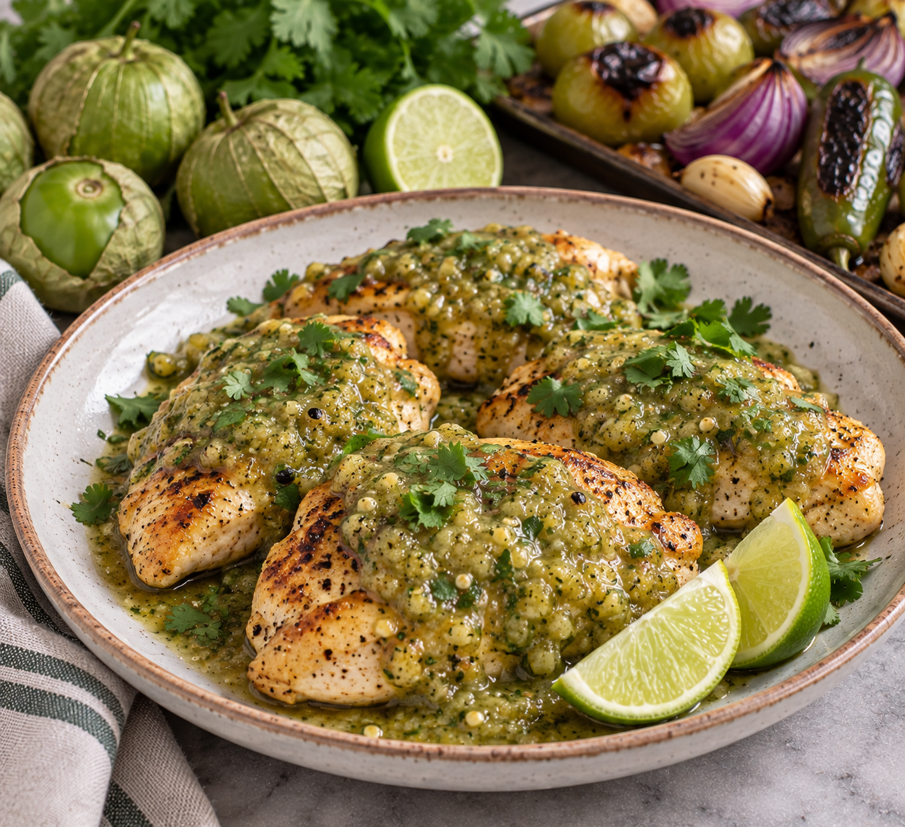 Seared chicken breasts on a platter under roasted tomatillo sauce with fresh cilantro and lime wedges, husked tomatillos and a charred sheet pan behind