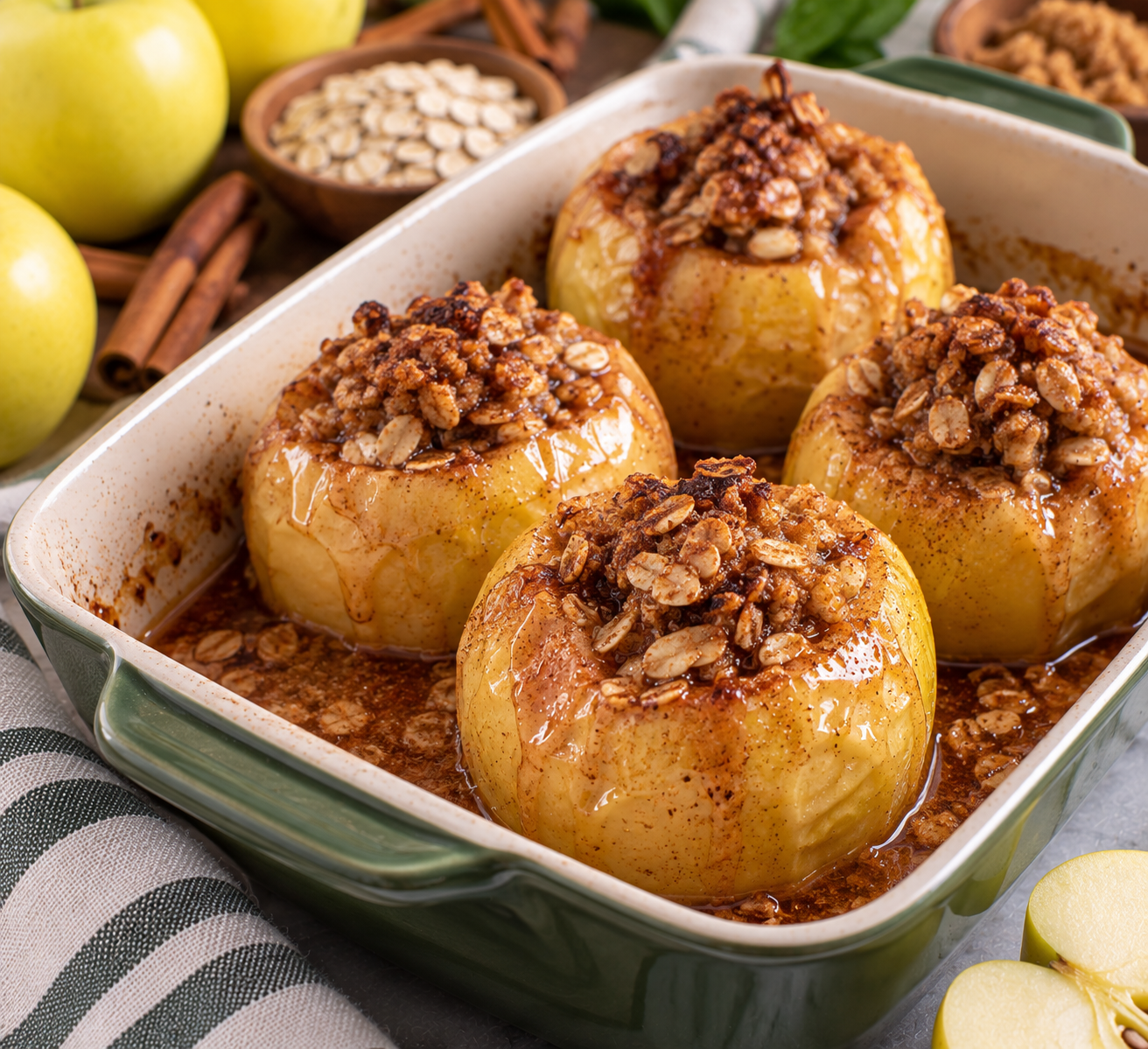 Four baked Lemonade apples in a green baking dish, filled with cinnamon oat crumble and surrounded by cinnamon sticks and fresh apples