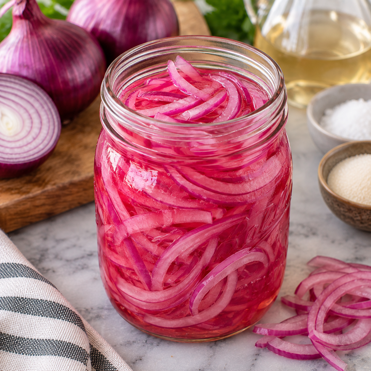 Mason jar of bright pink quick pickled purple onions on a marble counter with whole and halved onions and a bottle of vinegar