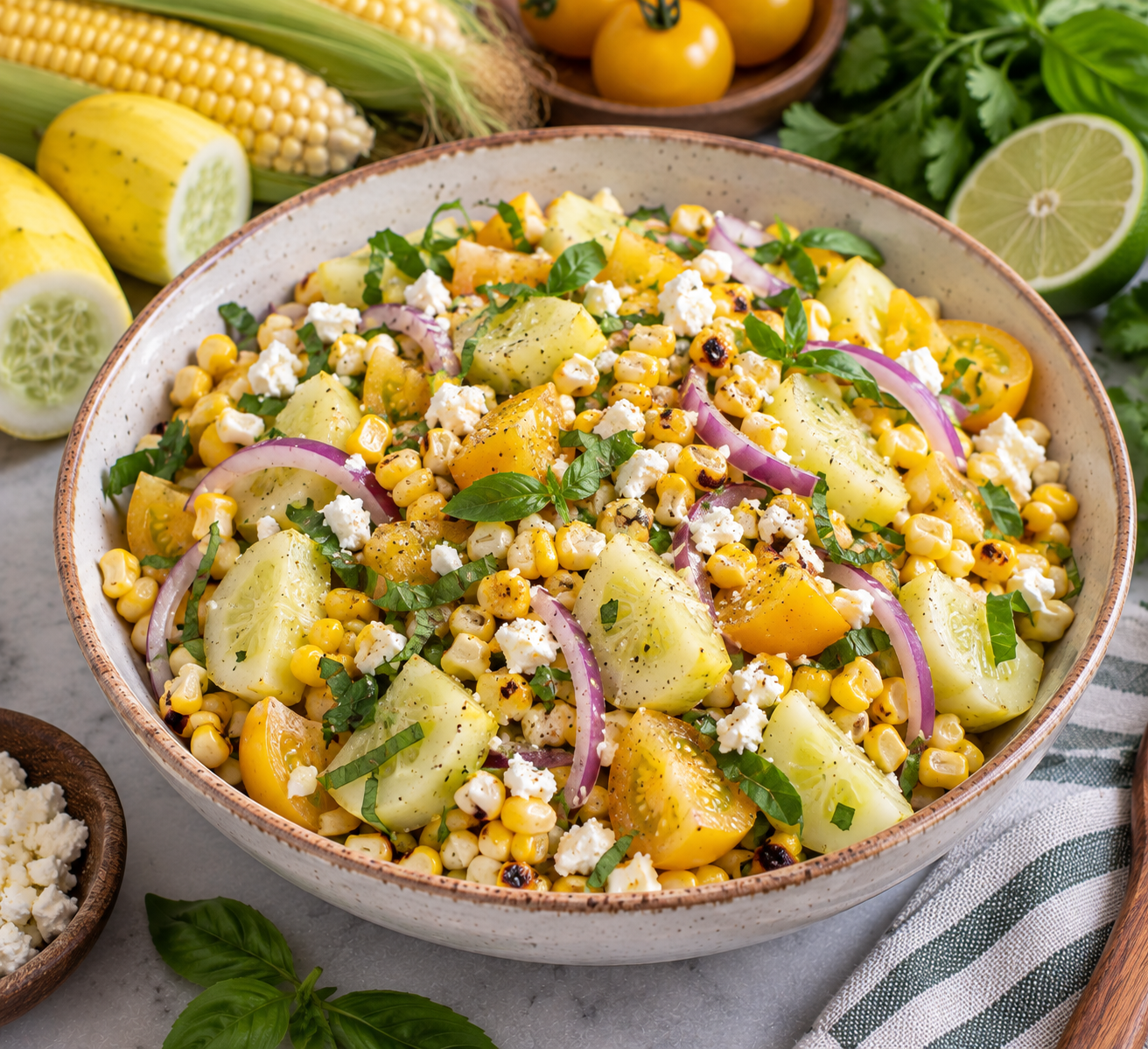 Bowl of sweet corn, chopped lemon cucumbers and yellow tomatoes with sliced purple onion, fresh basil and crumbled feta