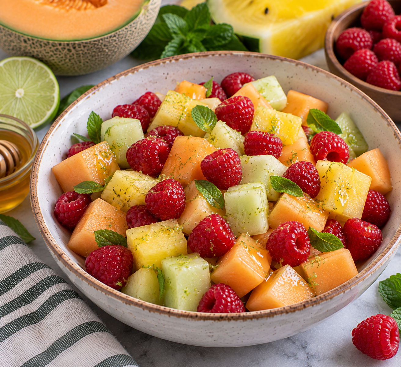 Bowl of cubed cantaloupe and yellow watermelon tossed with fresh raspberries, mint and lime zest, with honey and a halved lime alongside