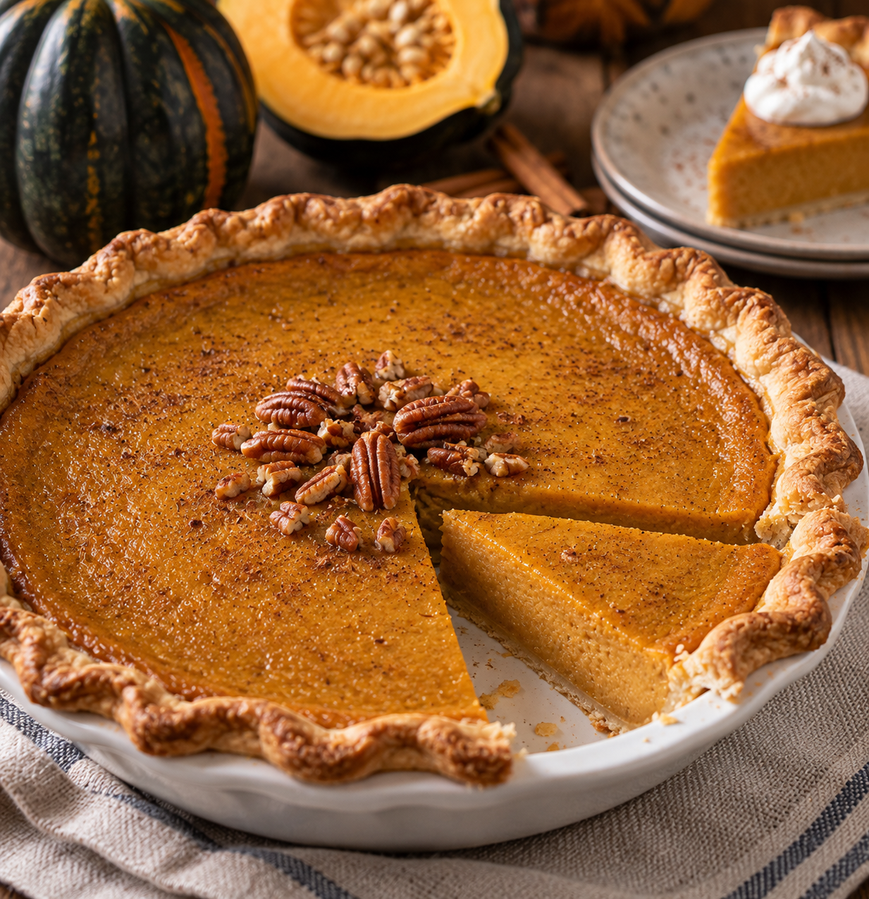 Honey acorn squash pie in a fluted white pie plate, dusted with cinnamon and topped with pecan halves, with one slice cut and fresh acorn squash behind it.