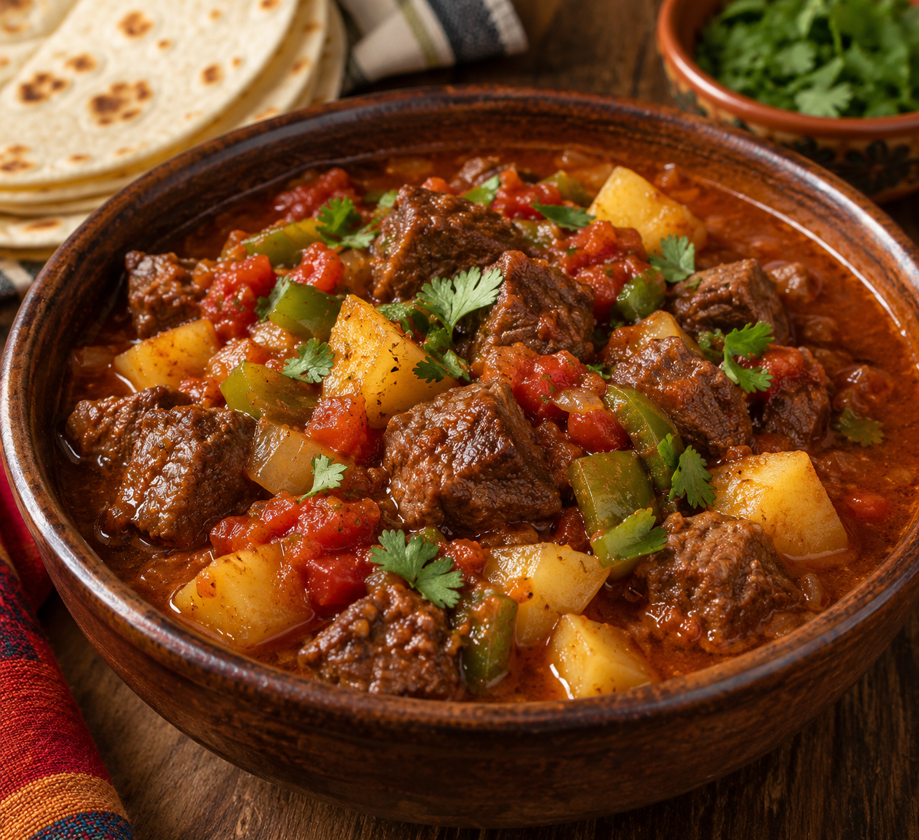 Clay bowl of carne guisada with cubed beef, potatoes, green bell pepper and tomato in a red sauce, served with a stack of warm flour tortillas and cilantro.