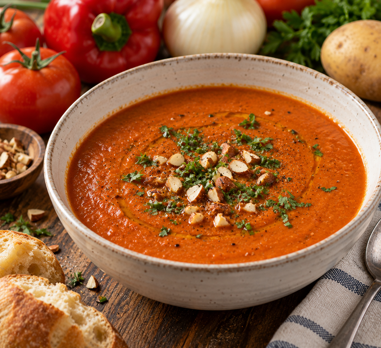 Bowl of pureed bell pepper and tomato soup topped with chopped toasted almonds, parsley and a drizzle of olive oil, with fresh peppers, tomatoes, onion and a potato behind it.