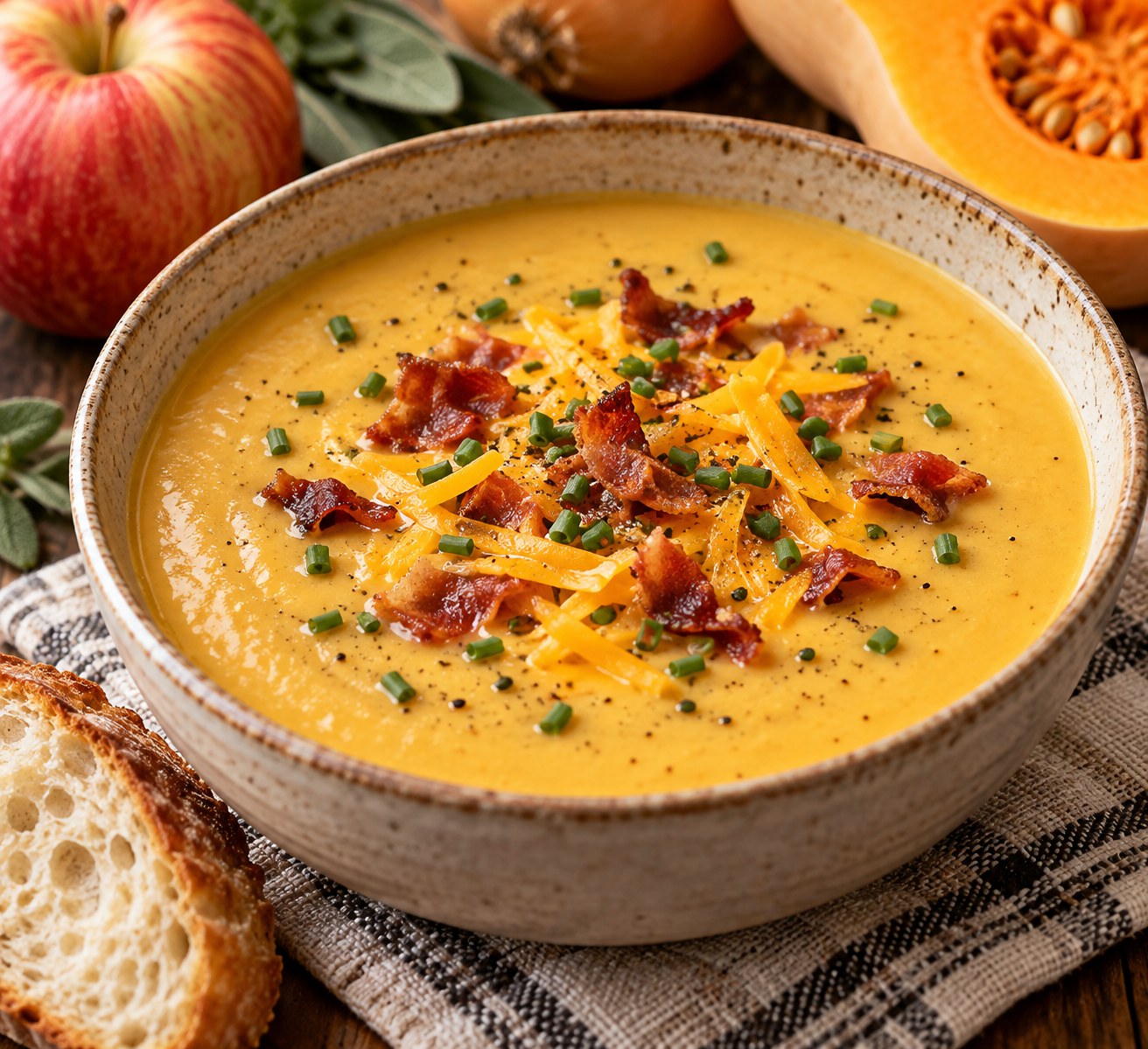 Bowl of creamy apple cheddar butternut squash soup topped with shredded cheddar, crispy prosciutto and chopped chives, with crusty bread on the side.