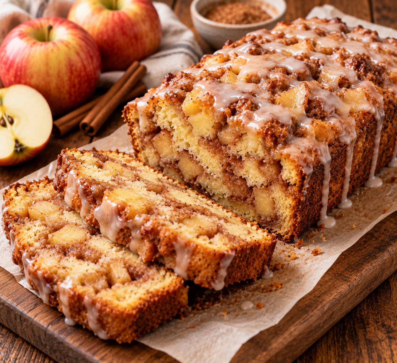 Sliced apple fritter bread on parchment, packed with cinnamon apple chunks and drizzled with white glaze, with fresh apples and cinnamon sticks behind.