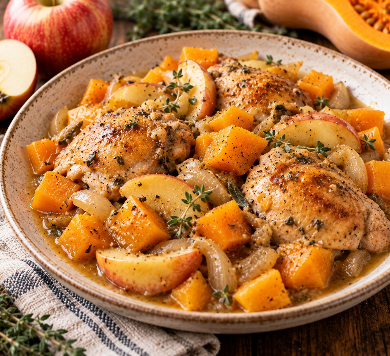 Slow cooker chicken thighs over cubed butternut squash, apple wedges and soft onions in a golden sauce, garnished with fresh thyme.