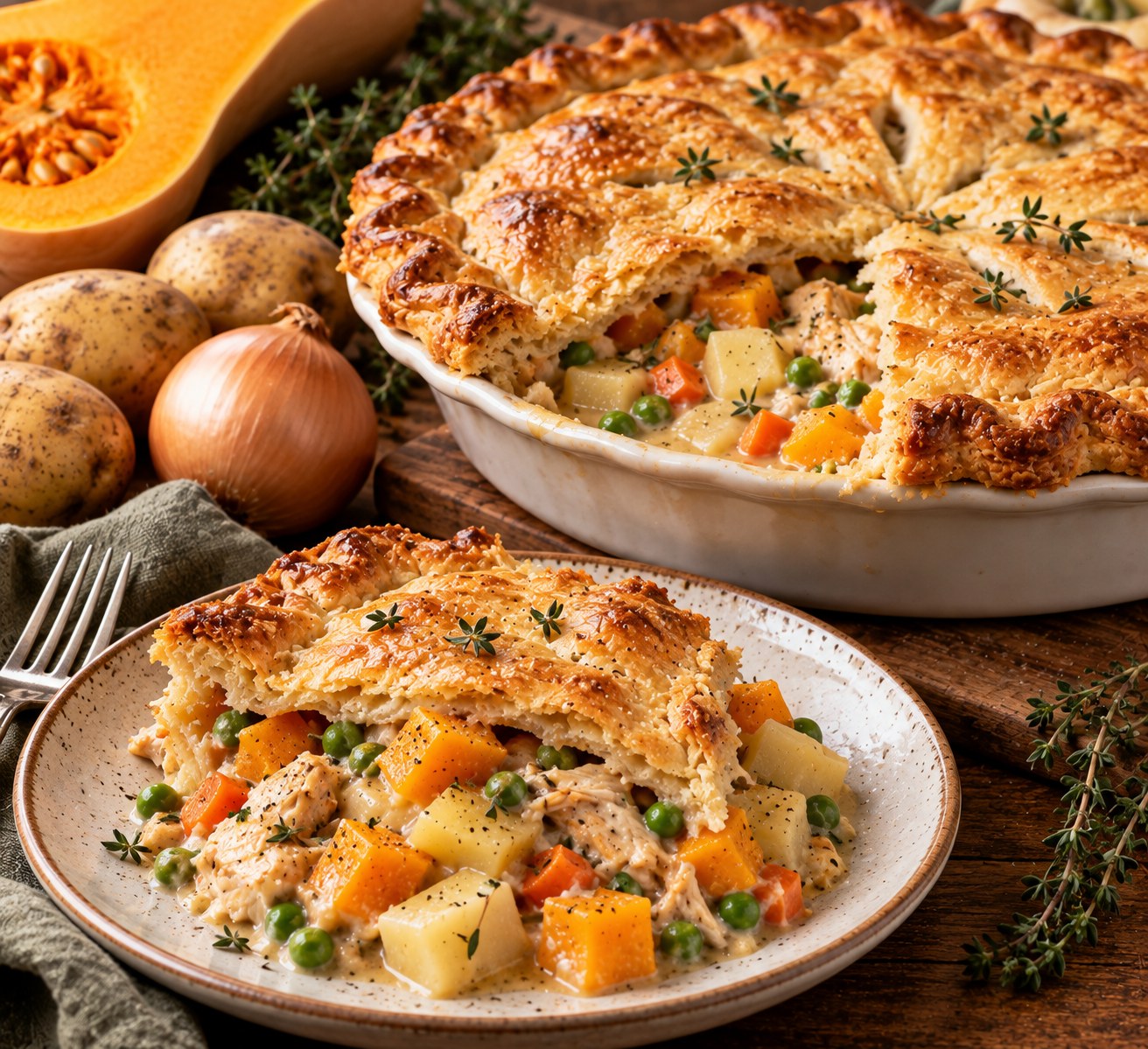 Golden-crusted chicken pot pie with a slice served on a plate, showing creamy filling with chicken, butternut squash, potatoes, carrots and peas.