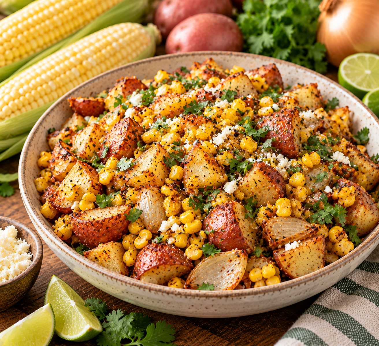 Bowl of roasted red potatoes, sweet corn and onion topped with cilantro and crumbled cotija, with fresh corn, limes and red potatoes alongside.
