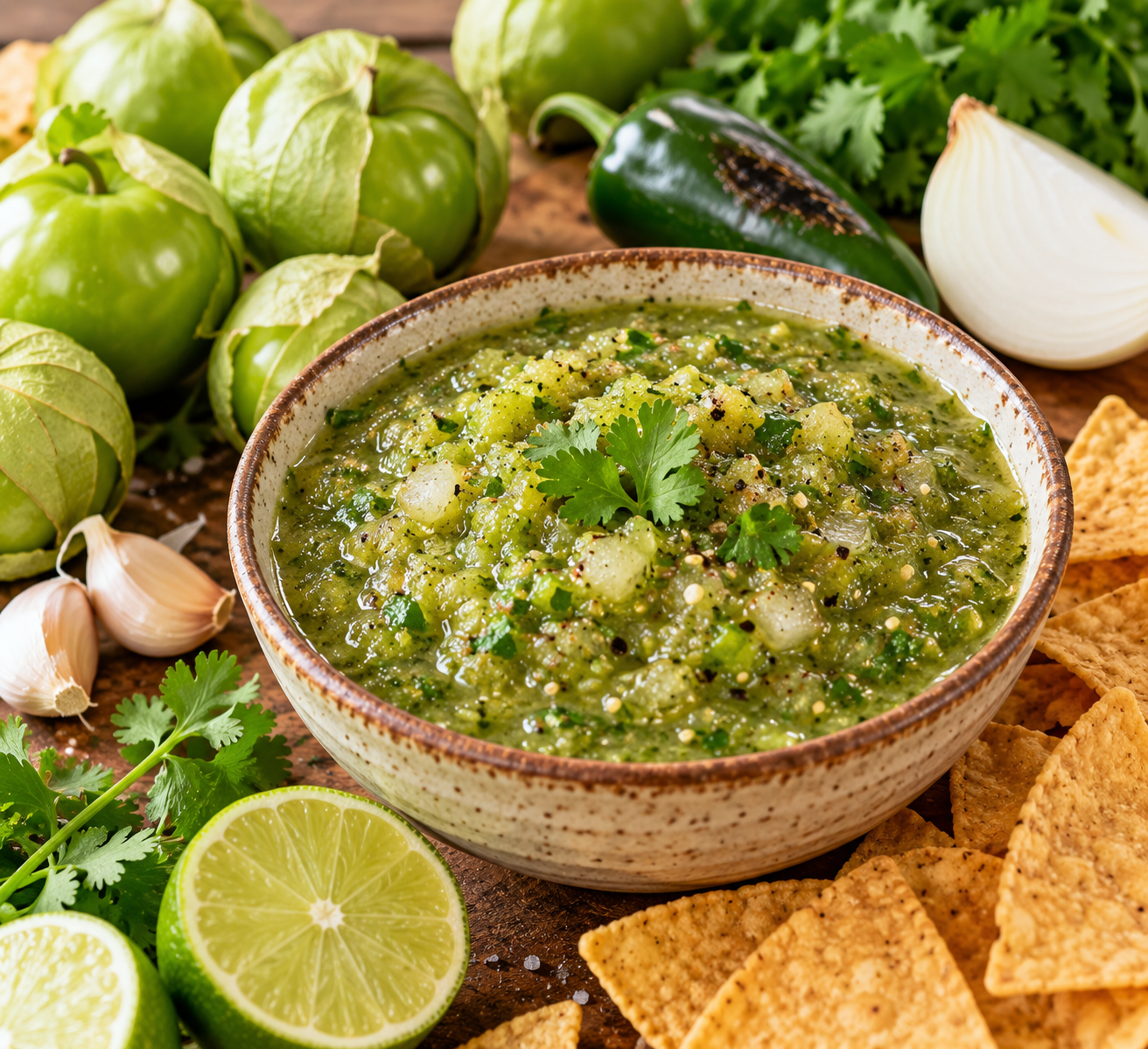 Bowl of roasted green tomatillo salsa garnished with cilantro, surrounded by whole tomatillos, a jalapeño, garlic, lime halves and tortilla chips.
