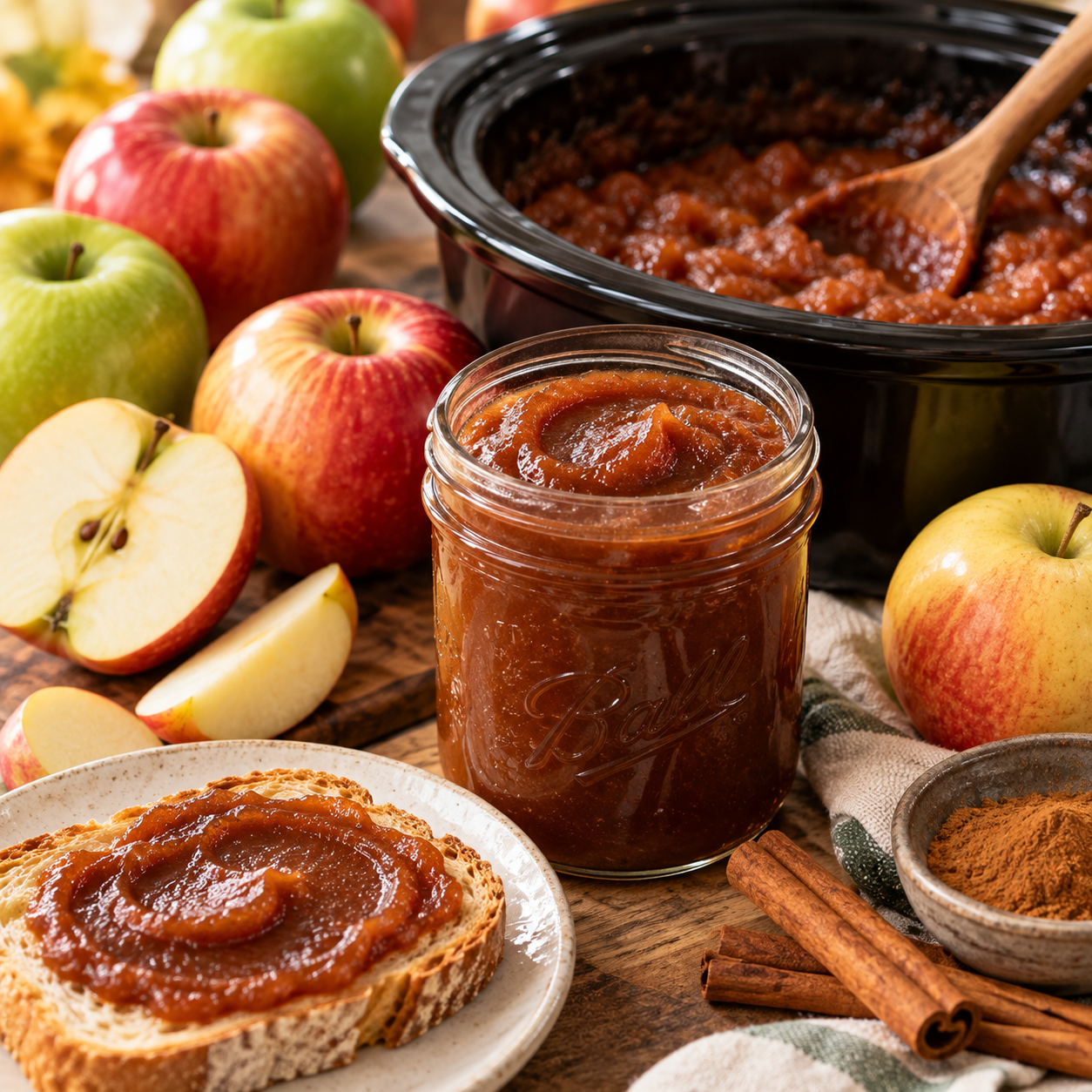 Mason jar of smooth apple butter beside a slow cooker, with red and green apples, cinnamon sticks and a slice of toast spread with apple butter.