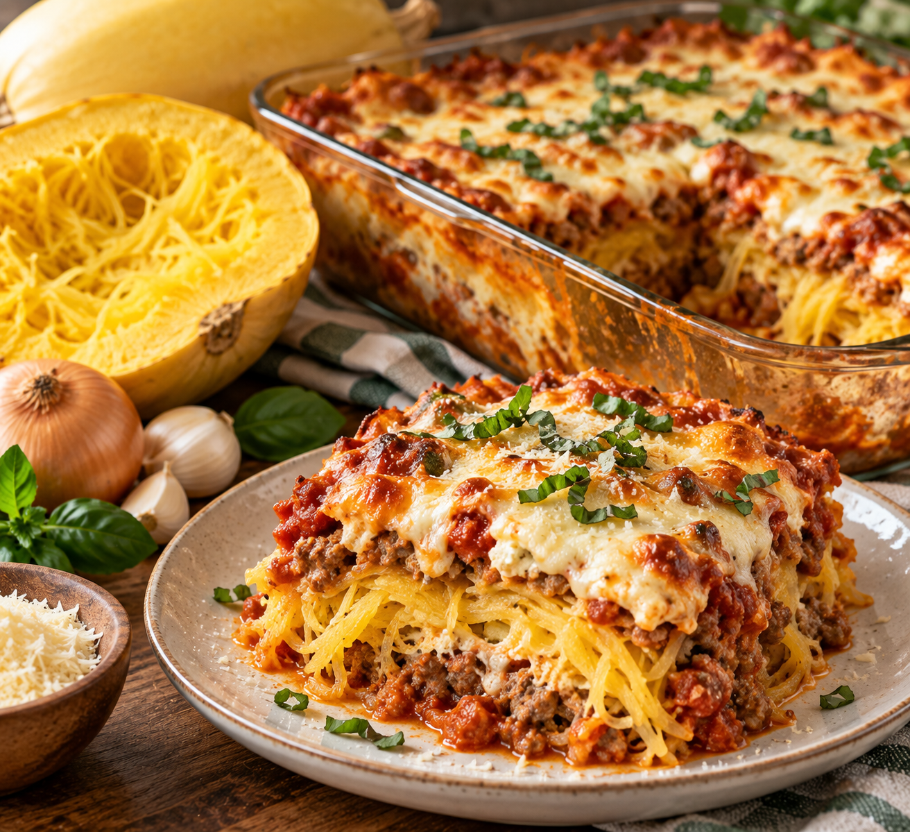 Slice of spaghetti squash lasagna layered with meat sauce and melted mozzarella, with the baking dish and a halved roasted spaghetti squash behind it.