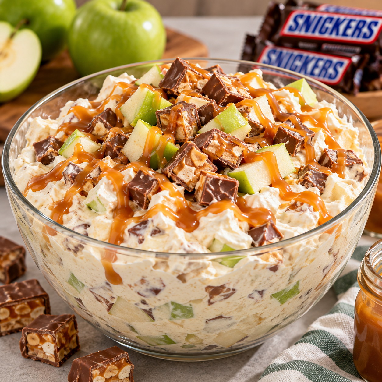 Glass bowl of creamy Snickers apple salad topped with chopped Granny Smith apples, candy bar pieces and a caramel drizzle.