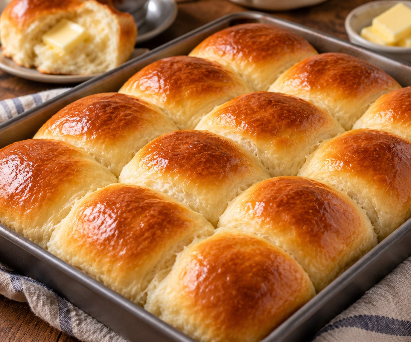 Pan of twelve golden, egg-washed potato rolls with a buttered roll on a plate beside it.
