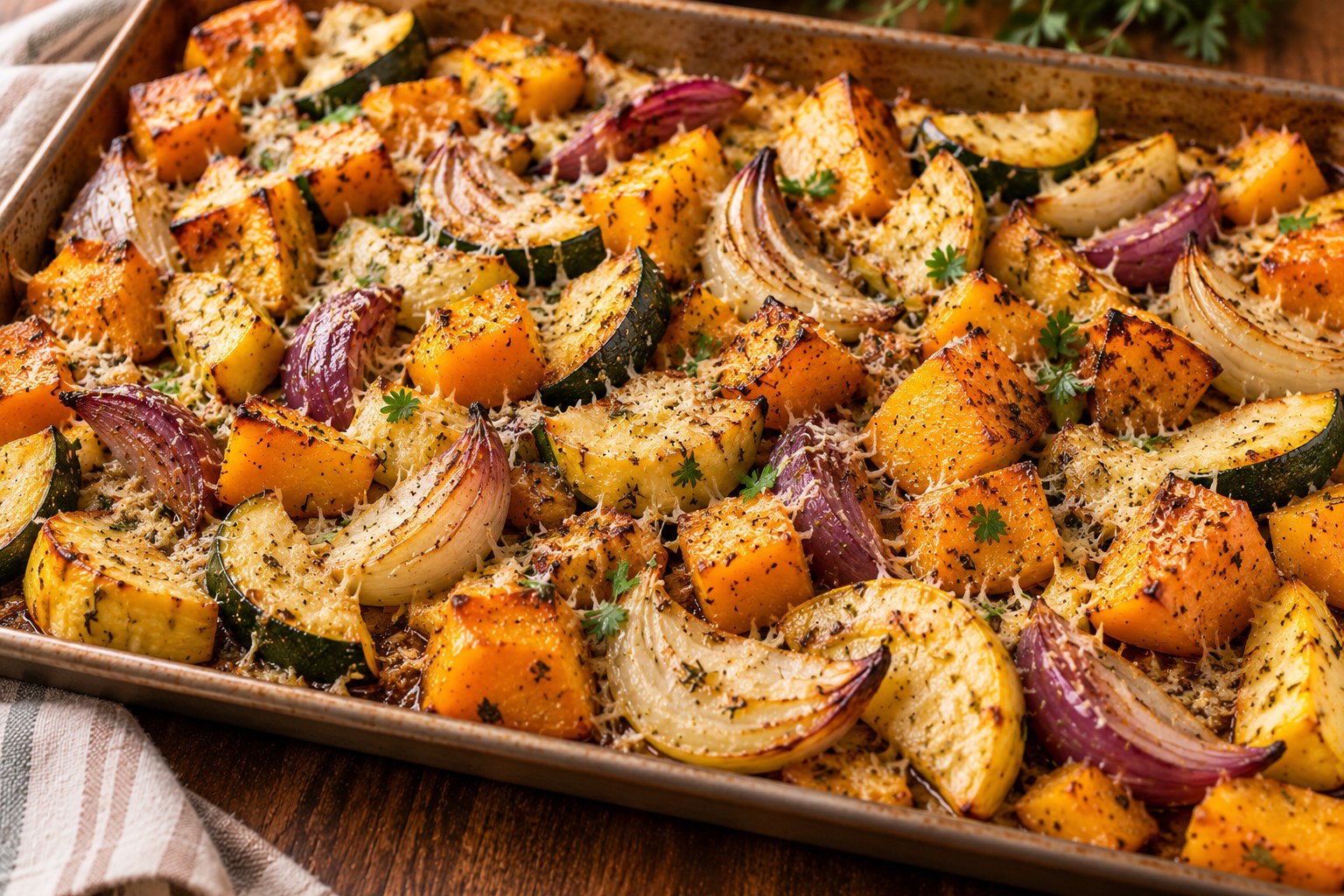 Sheet pan of roasted butternut squash, zucchini and red and white onion wedges topped with grated Parmesan and fresh herbs.