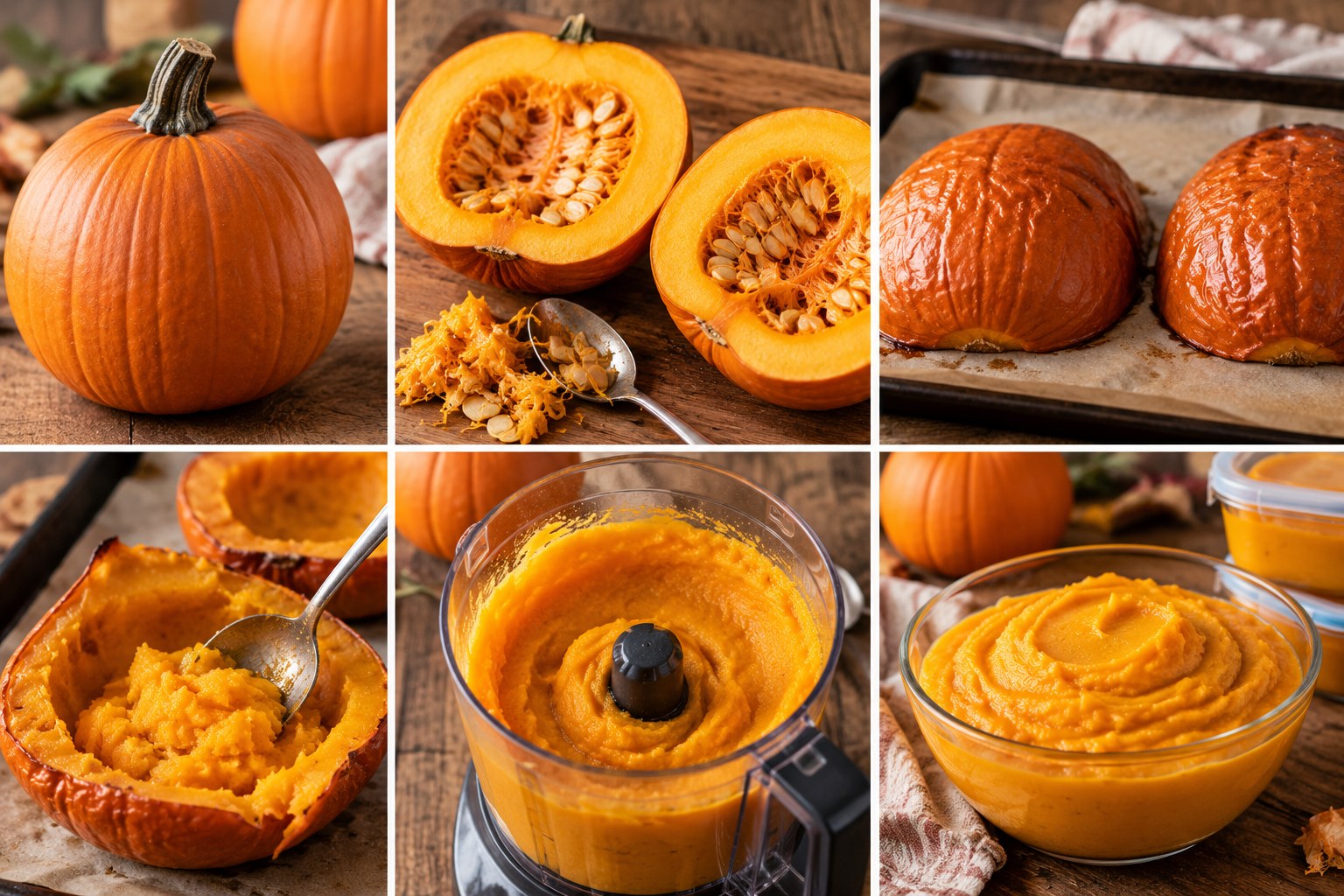 Step-by-step collage of a sugar pumpkin cut in half, roasted, scooped and blended into smooth homemade pumpkin purée.
