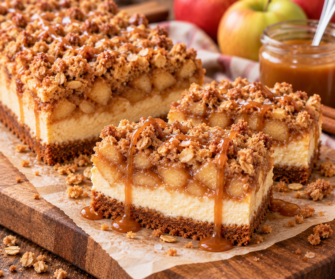 Thick salted caramel apple crumble cheesecake bars on a Biscoff crust, drizzled with caramel, with fresh apples and a jar of caramel behind them.