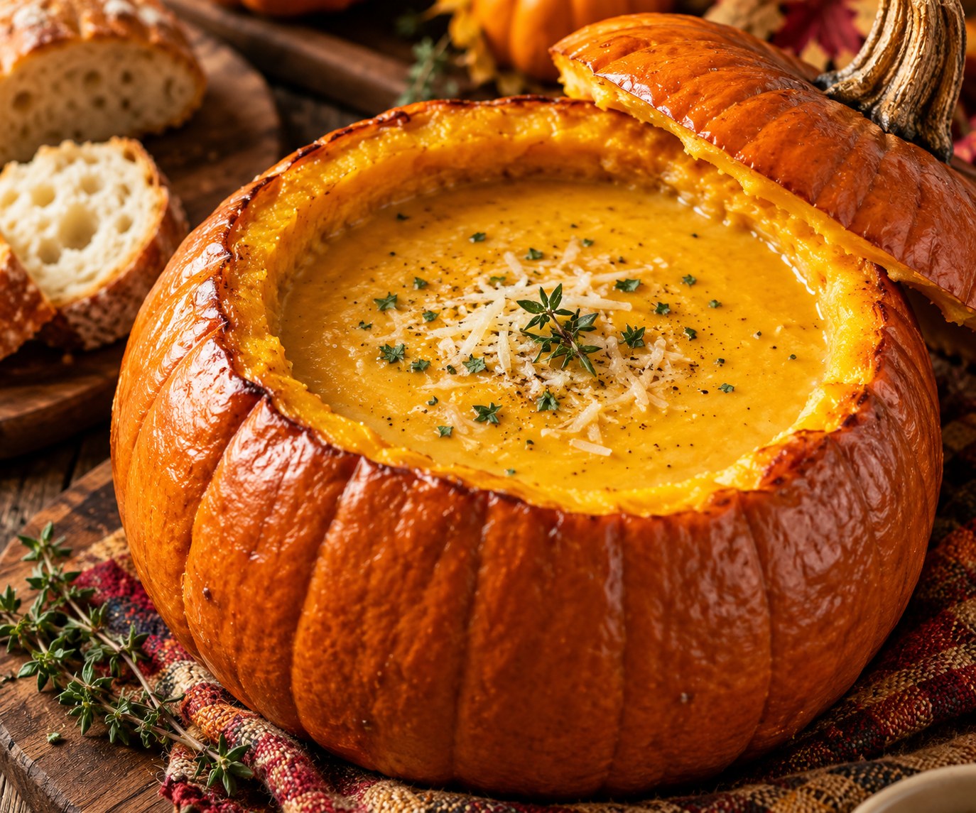 Creamy pumpkin soup served inside a roasted whole pumpkin, topped with shredded cheese and fresh thyme, with sliced bread alongside.