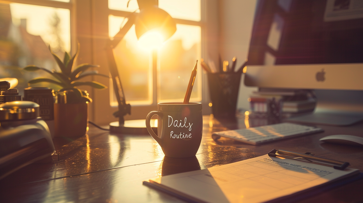 Organized sales workspace with a daily routine checklist for B2B cold calling appointment setting