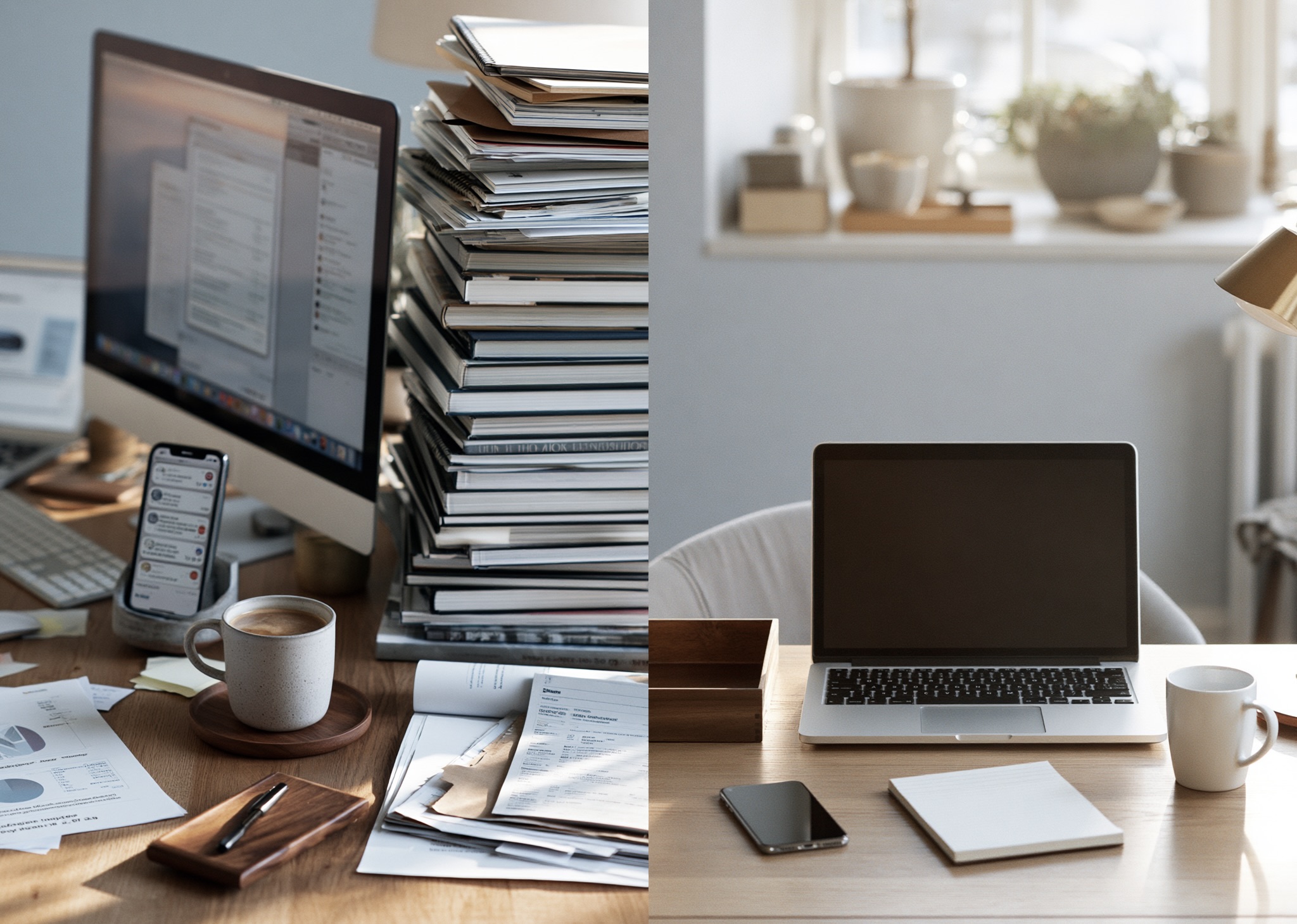 B2B salesperson's clean workspace optimized for high-energy cold calling sessions