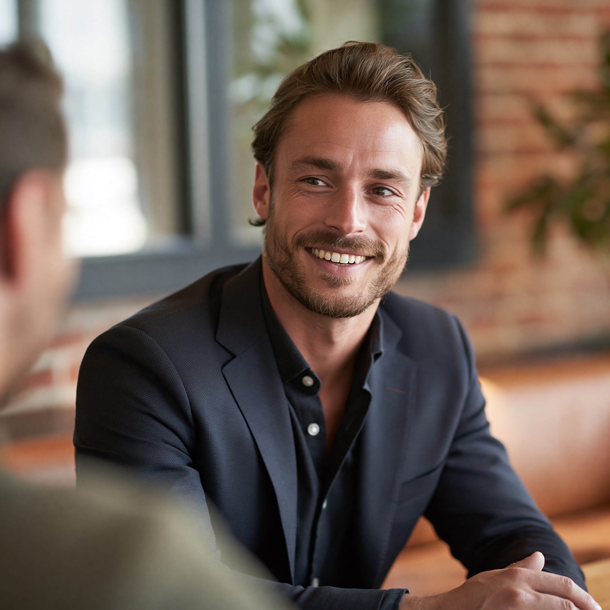 B2B salesperson arriving at prospect's office for a face-to-face sales meeting