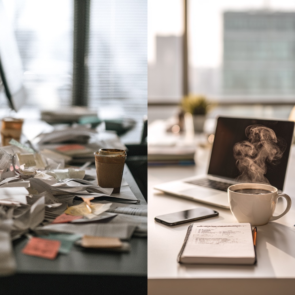 Comparison of a coasting salesperson's reactive desk versus an ownership-driven salesperson's organized workspace