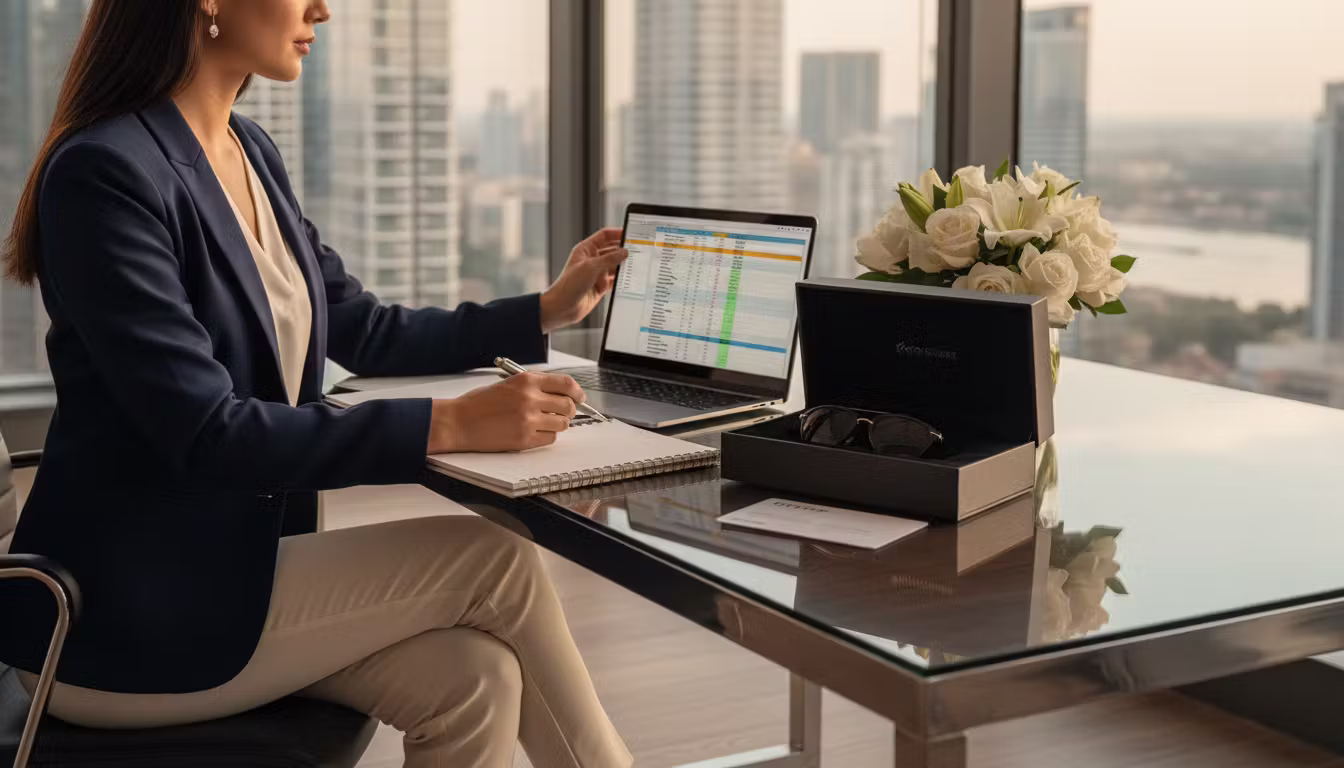 Executive assistant reviewing gifting activation options on a laptop for an upcoming corporate event