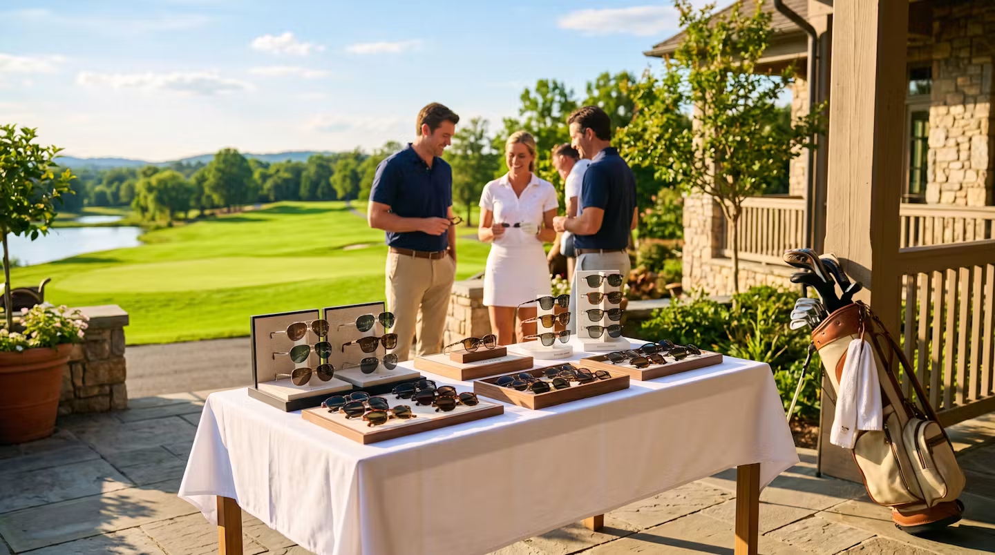Premium designer sunglasses displayed as sponsor gifts at a golf tournament outing