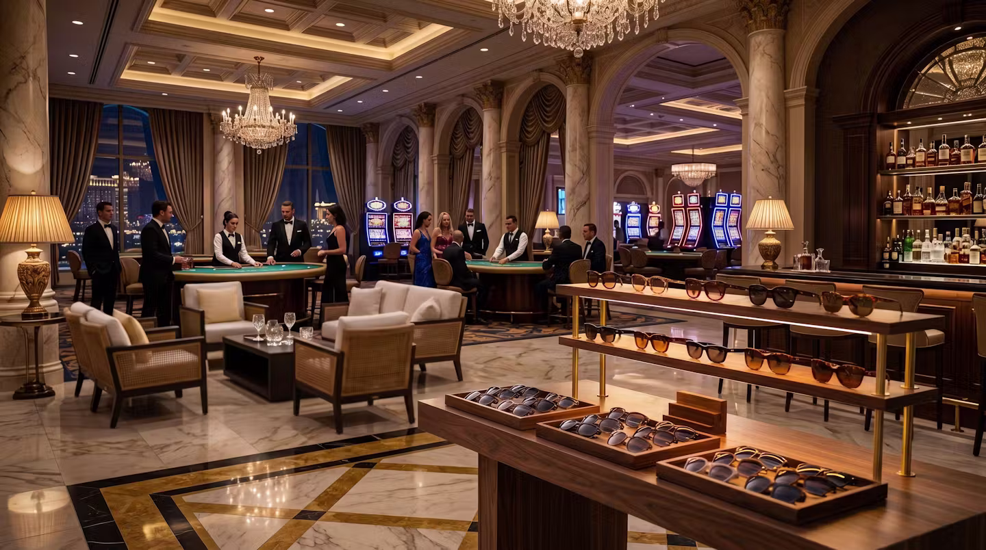 Premium sunglass gifting activation at a luxury casino resort pool area with designer frames displayed under a cabana