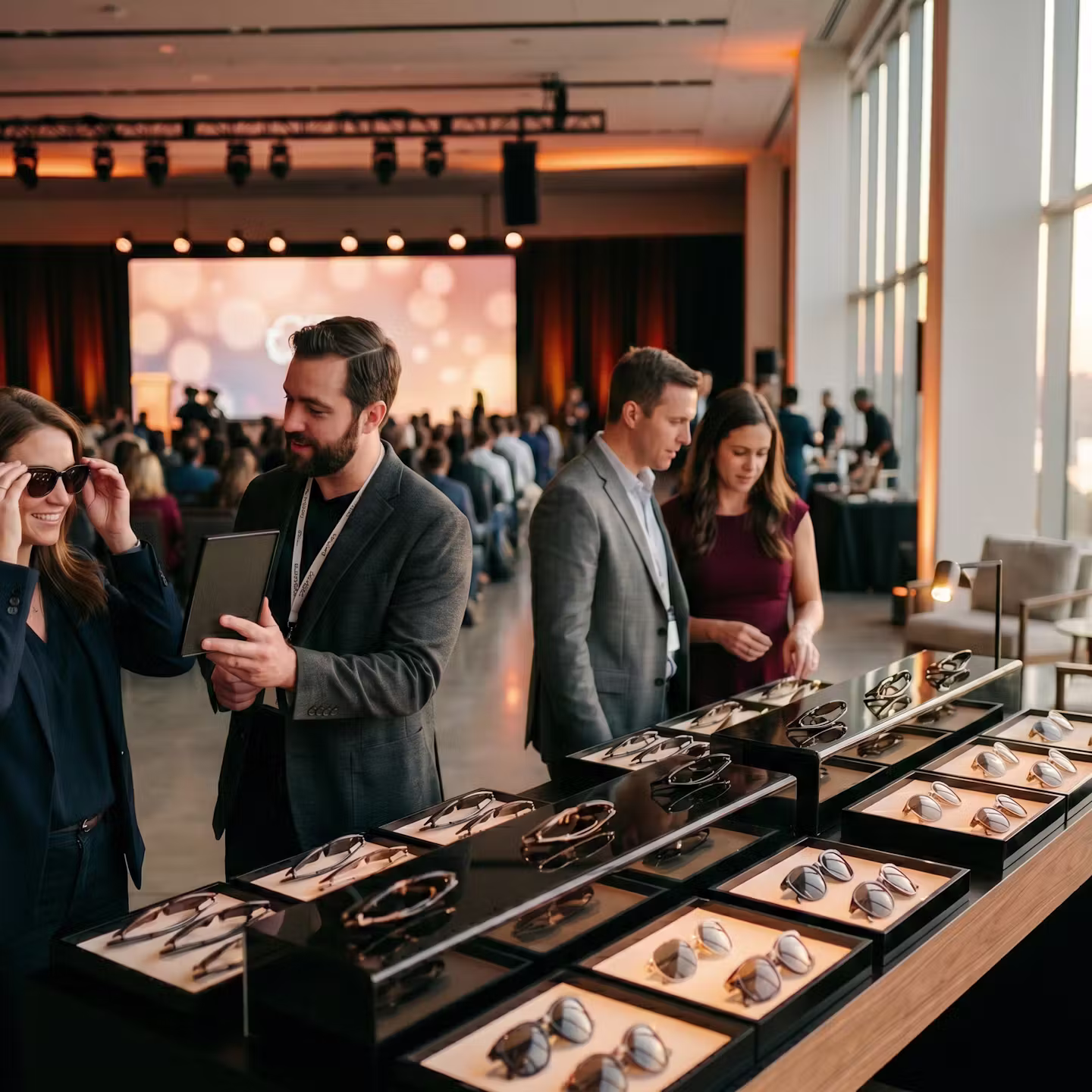 Premium sunglass gifting activation at a technology company sales kickoff event with designer frames on display