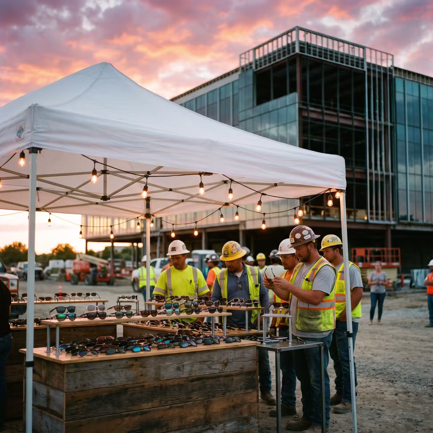 Premium sunglass gifting activation at a construction project completion celebration with designer frames displayed outdoors