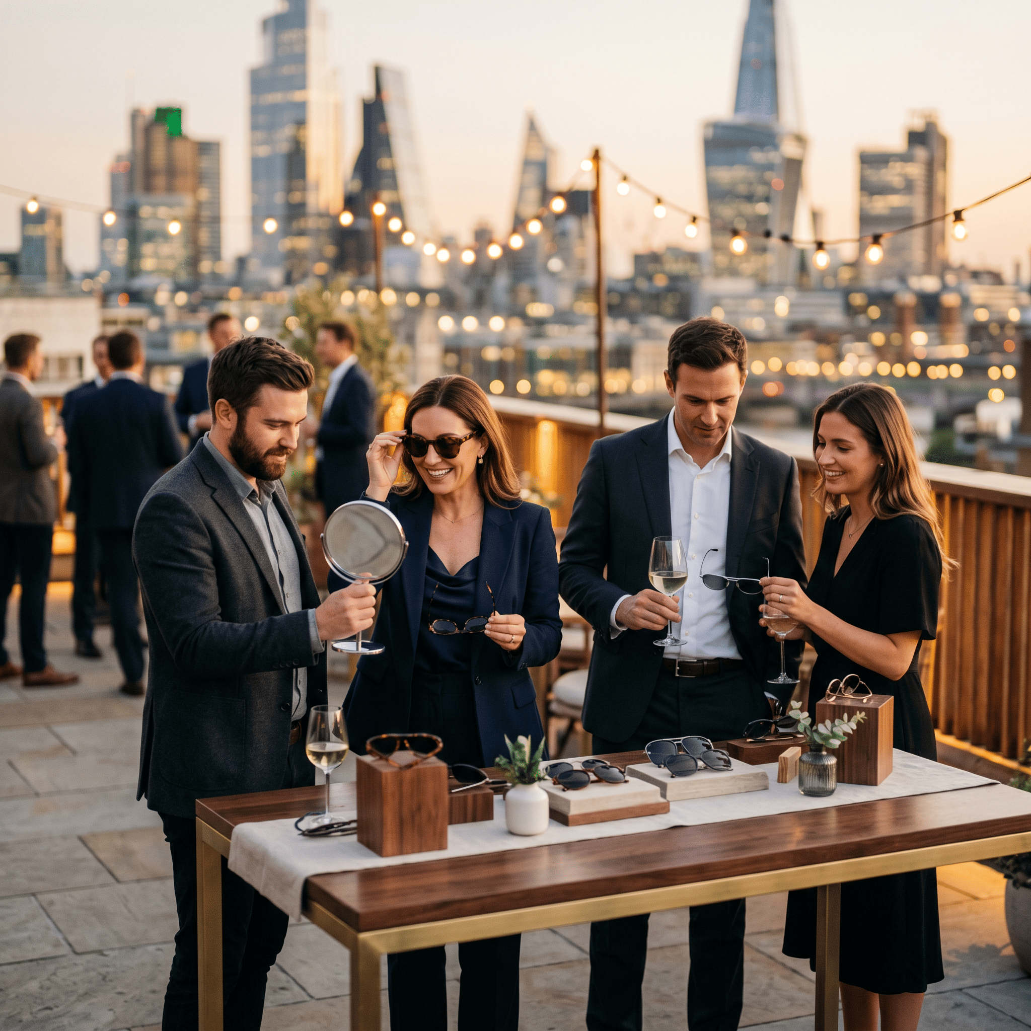 Designer sunglass gifting activation at a venture capital investor event on a rooftop terrace