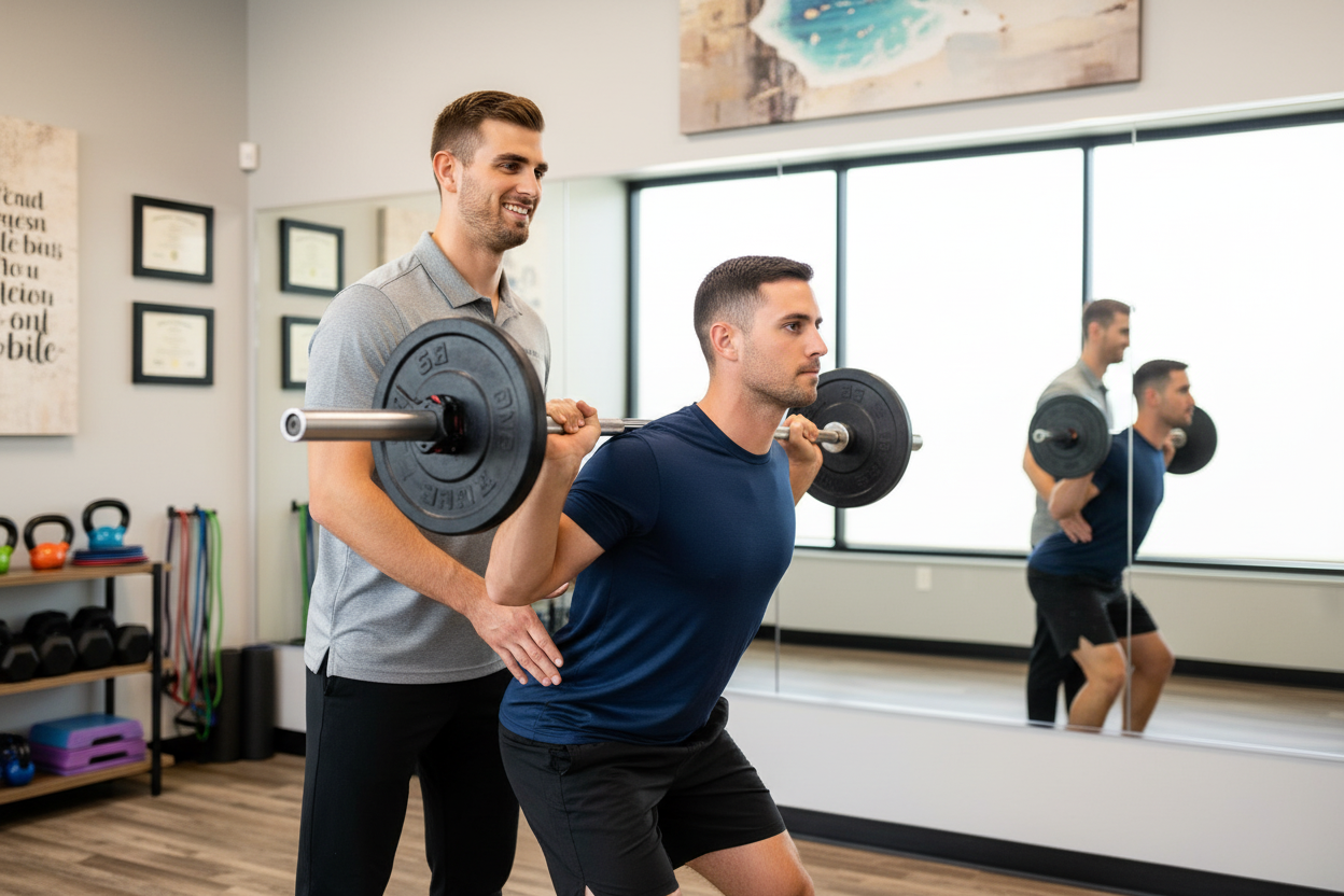 Physical therapist providing one-on-one performance PT session for CrossFit athlete in Wilmington focusing on barbell movement optimization