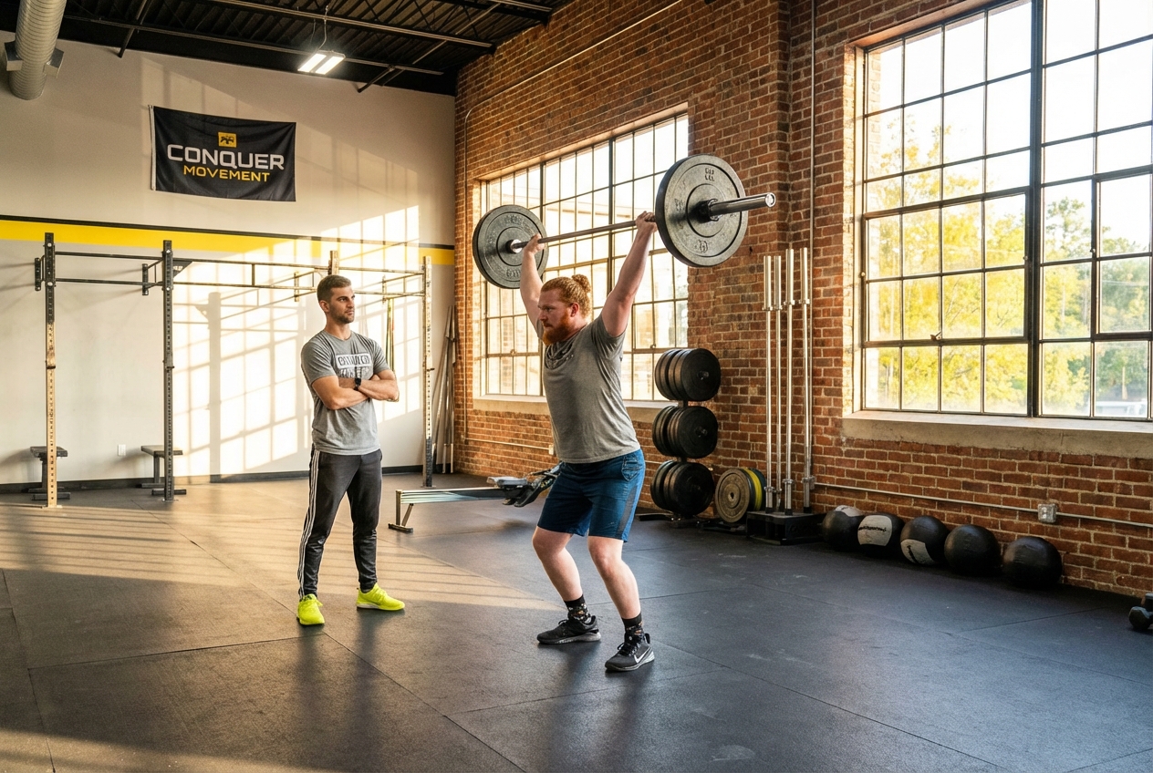 Patient working with a provider at a performance physical therapy clinic in Wilmington during CrossFit movement assessment