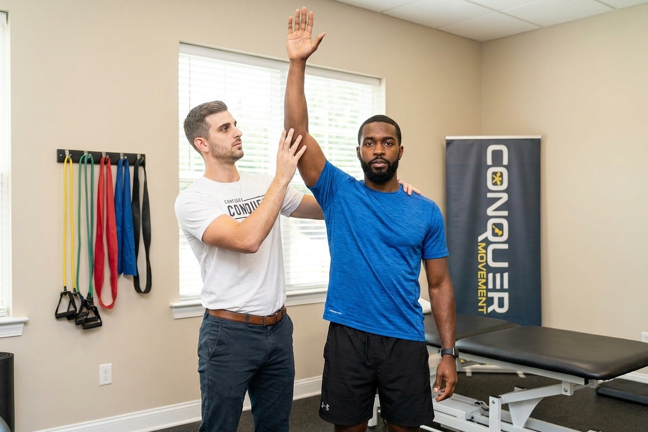 Patient working with a provider at a performance physical therapy clinic in Wilmington, NC during a therapeutic knee rehabilitation exercise